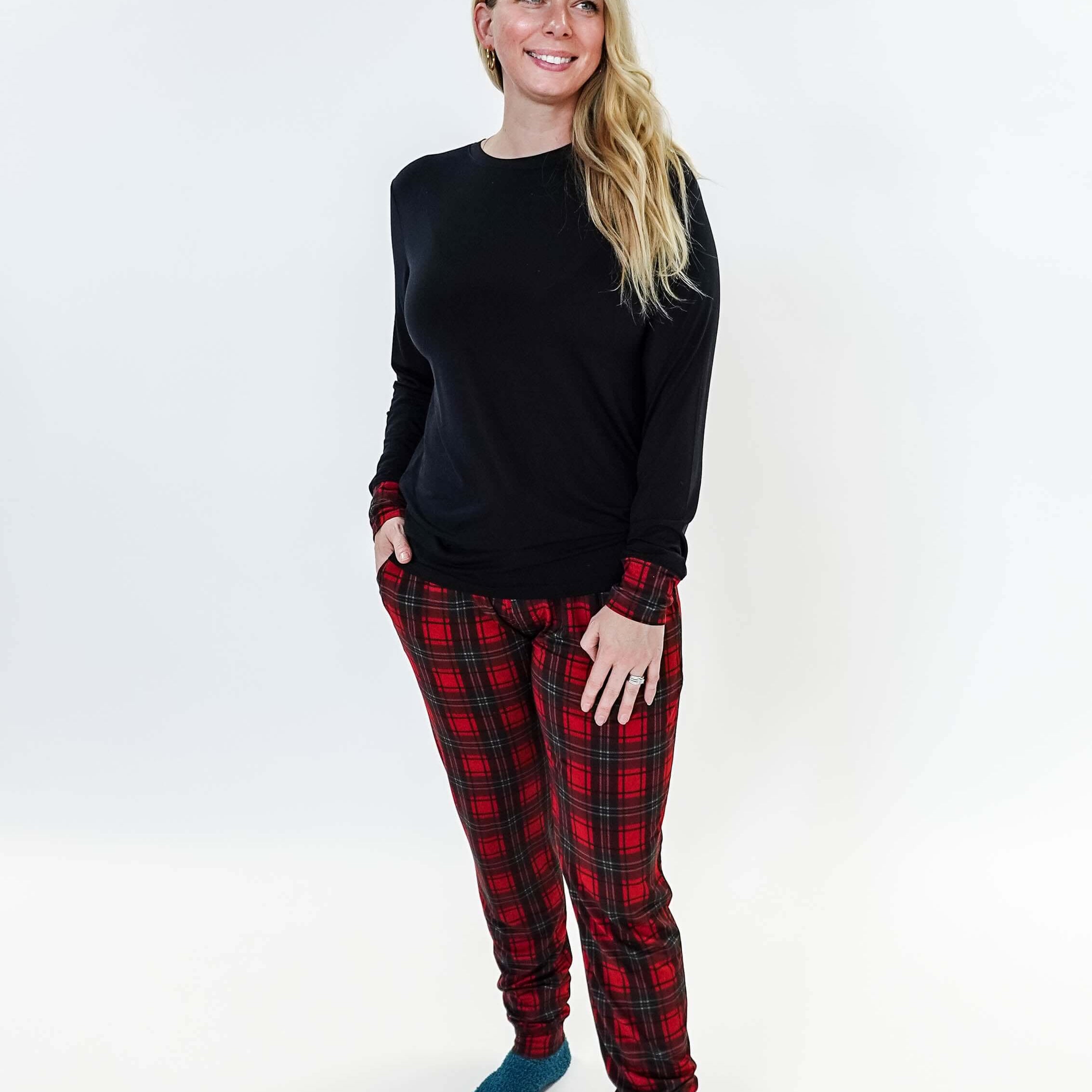 Red Plaid & Black Long Sleeve Jogger Bamboo PJ Set women's holiday pj set red plaid with solid top jogger and top bamboo Georgia Rylan