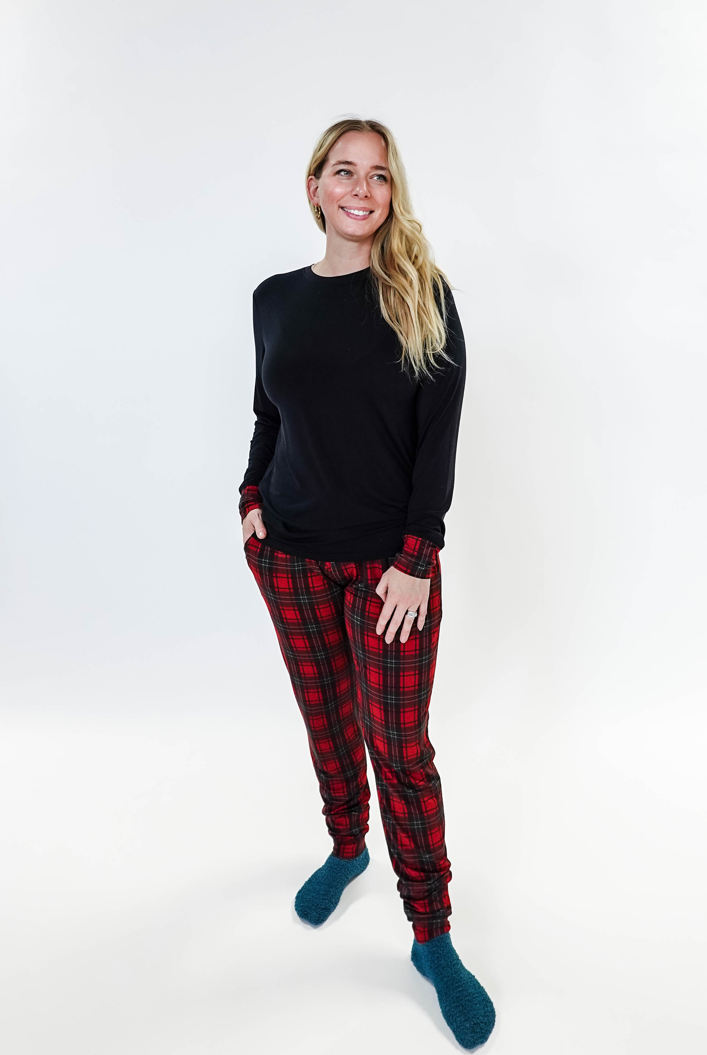 Red Plaid & Black Long Sleeve Jogger Bamboo PJ Set women's holiday pj set red plaid with solid top jogger and top bamboo Georgia Rylan
