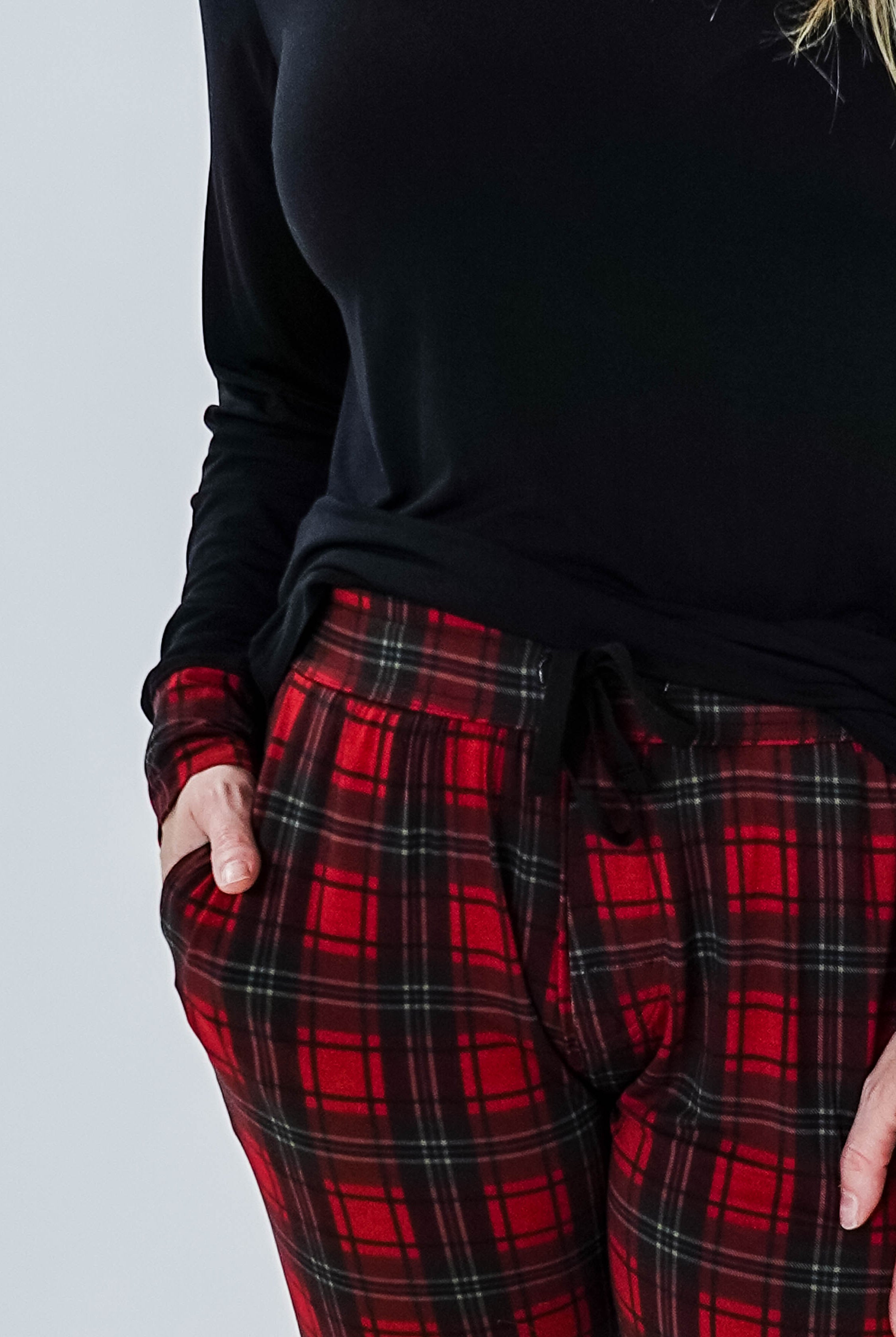 Red Plaid & Black Long Sleeve Jogger Bamboo PJ Set women's holiday pj set red plaid with solid top jogger and top bamboo Georgia Rylan