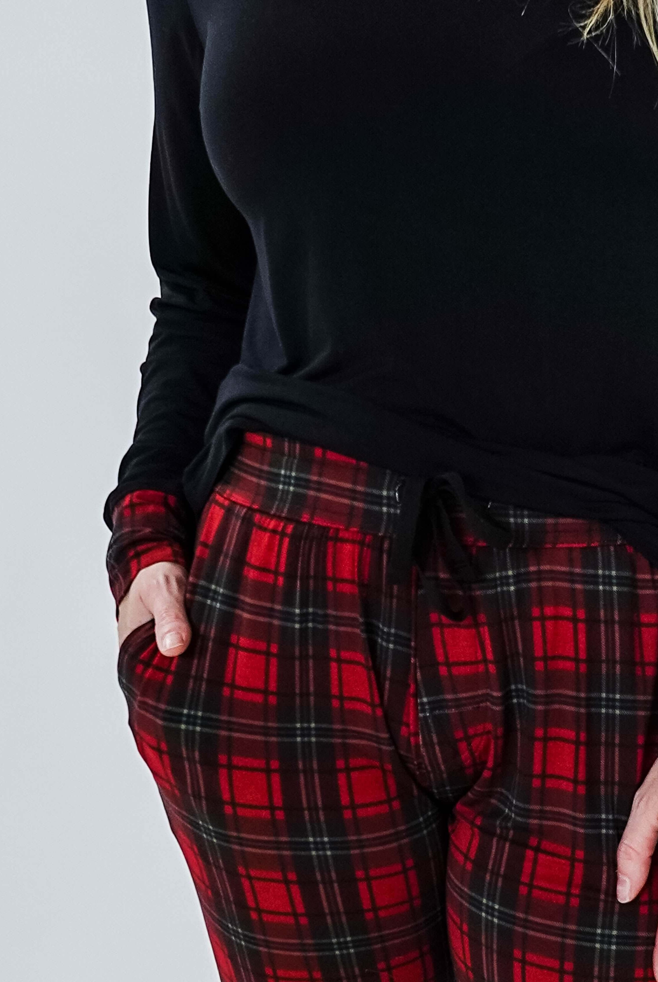 Red Plaid & Black Long Sleeve Jogger Bamboo PJ Set women's holiday pj set red plaid with solid top jogger and top bamboo Georgia Rylan