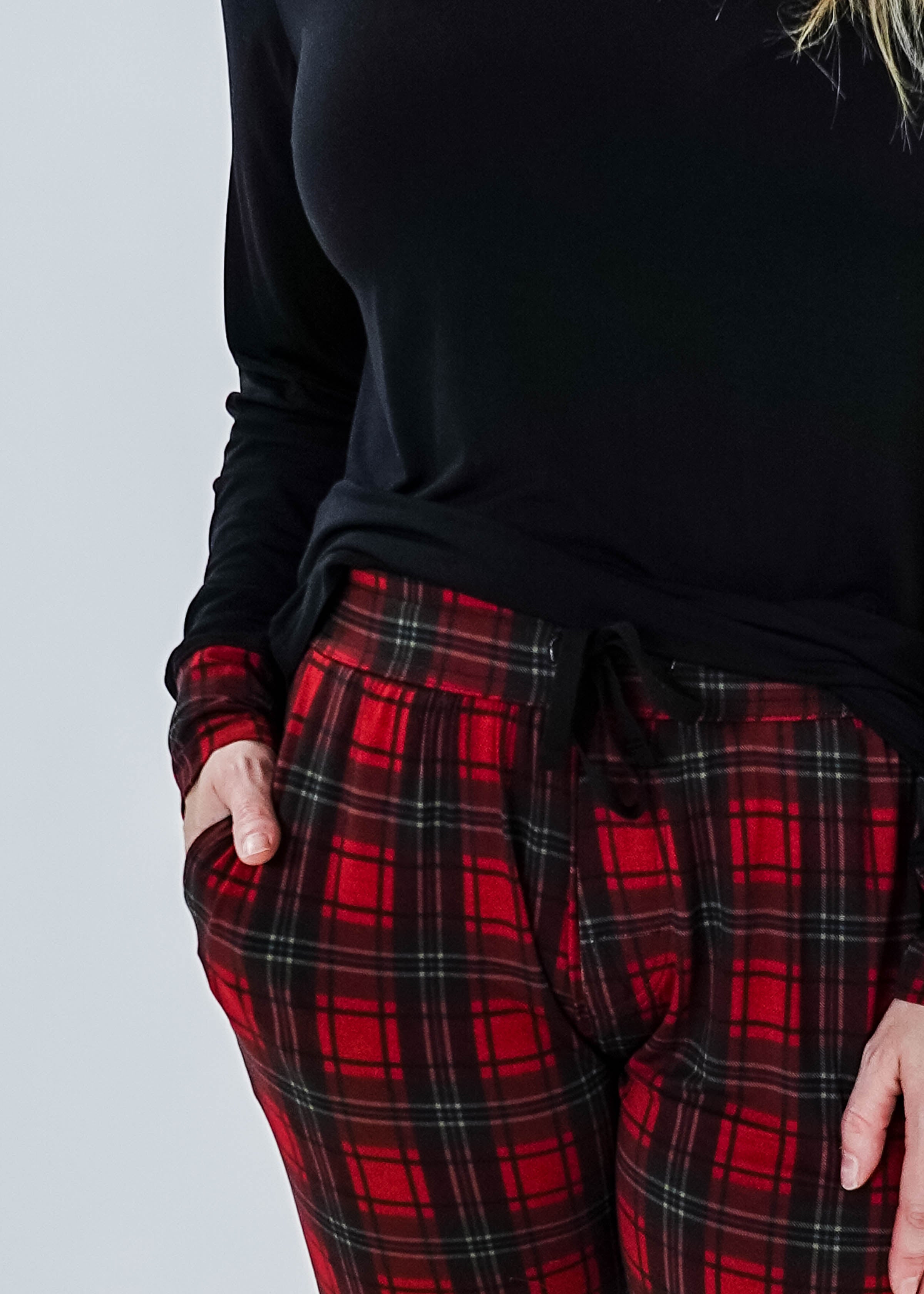 Red Plaid & Black Long Sleeve Jogger Bamboo PJ Set women's holiday pj set red plaid with solid top jogger and top bamboo Georgia Rylan