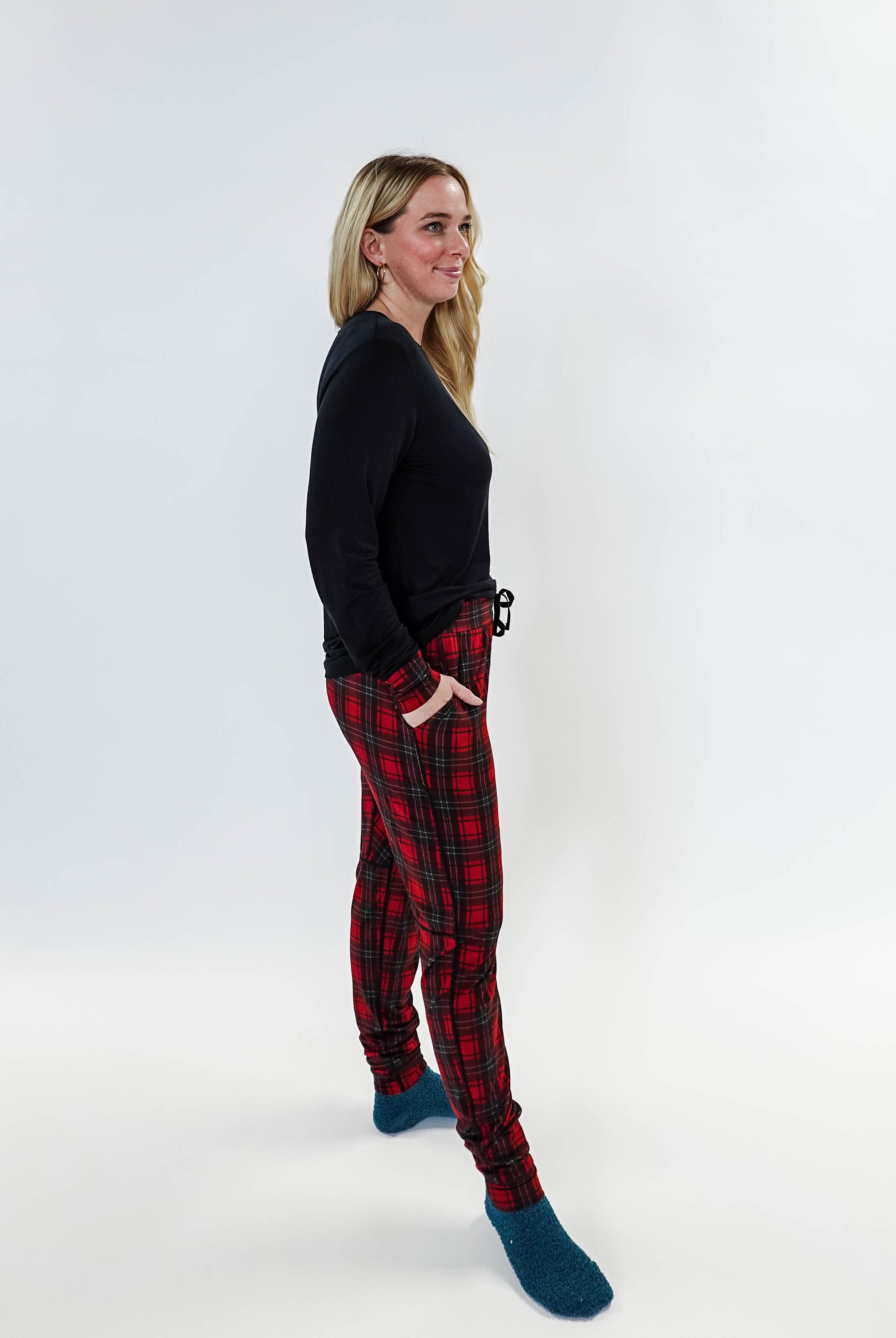 Red Plaid & Black Long Sleeve Jogger Bamboo PJ Set women's holiday pj set red plaid with solid top jogger and top bamboo Georgia Rylan