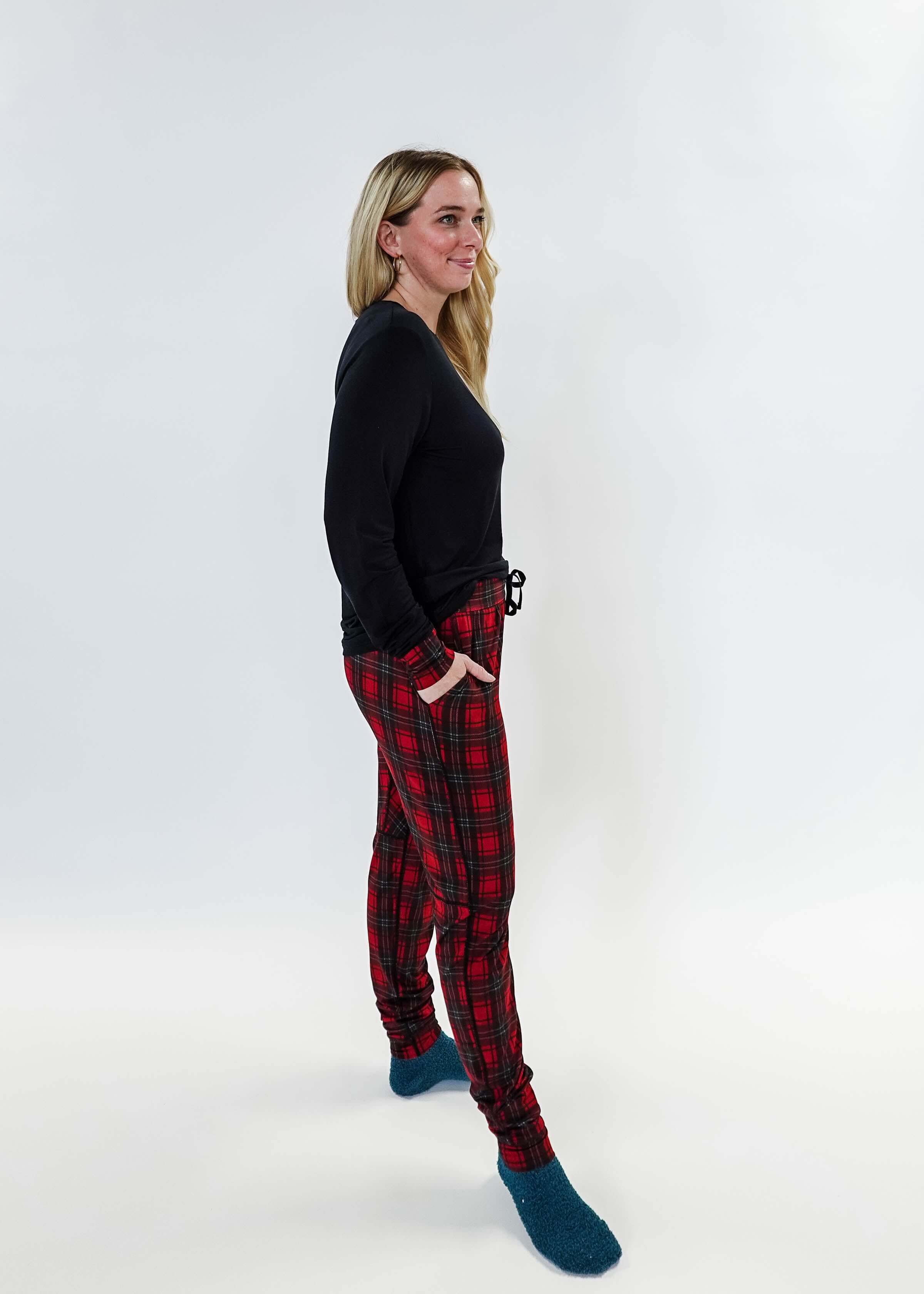 Red Plaid & Black Long Sleeve Jogger Bamboo PJ Set women's holiday pj set red plaid with solid top jogger and top bamboo Georgia Rylan