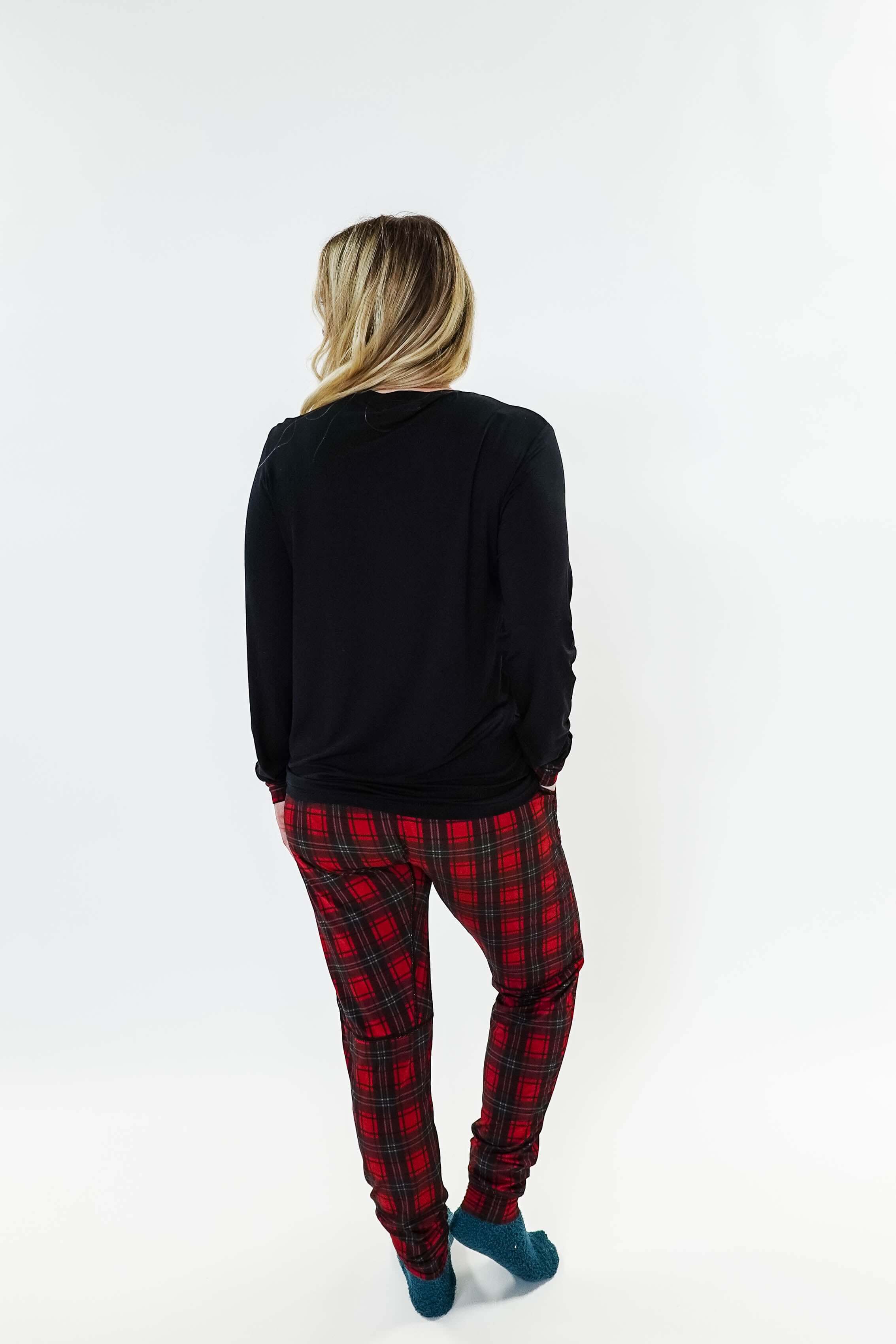Red Plaid & Black Long Sleeve Jogger Bamboo PJ Set women's holiday pj set red plaid with solid top jogger and top bamboo Georgia Rylan