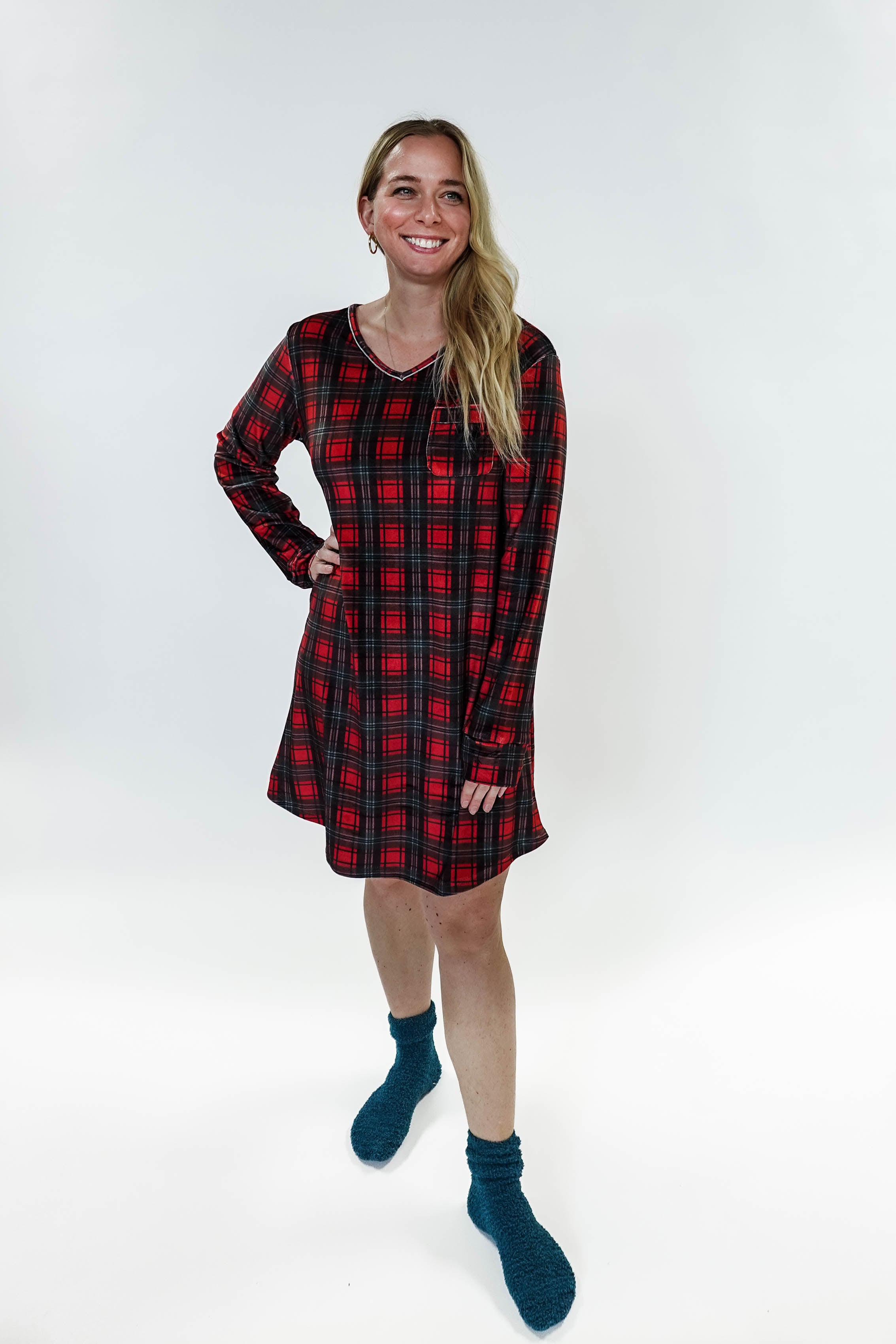women's soft velour red plaid nightgown for holidays Miranda Nic