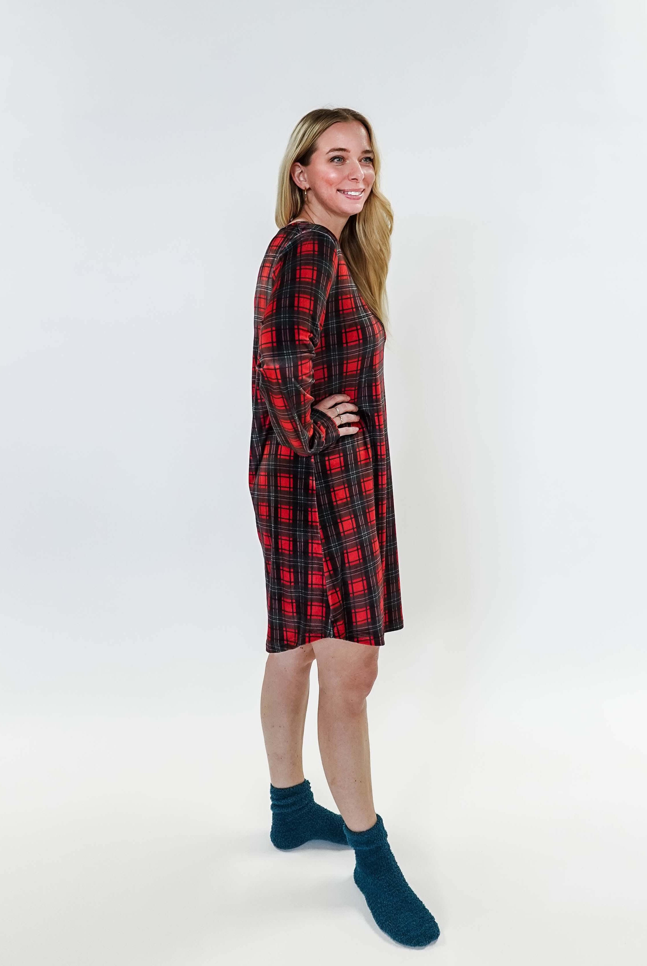 women's soft velour red plaid nightgown for holidays Miranda Nic