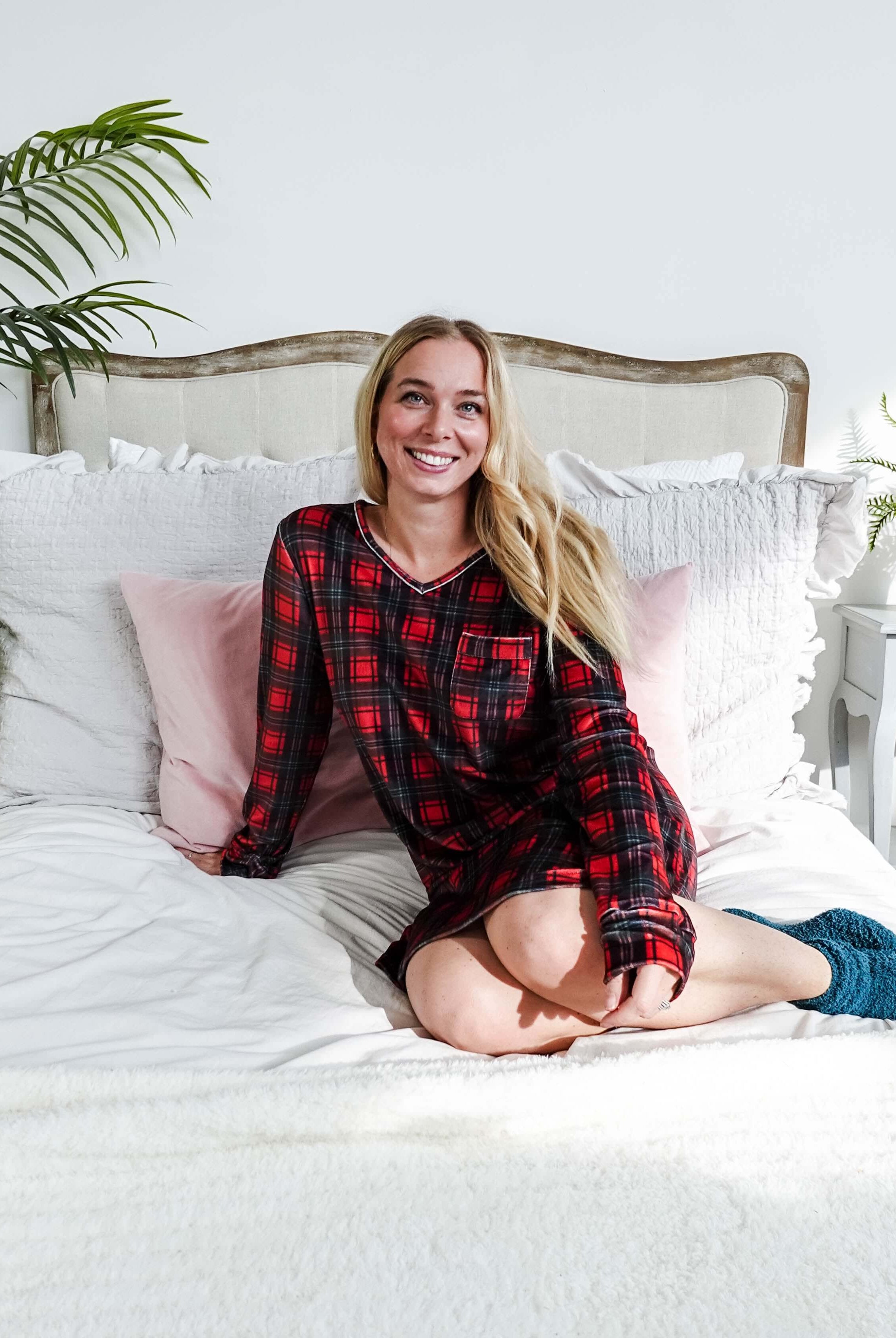 women's soft velour red plaid nightgown for holidays Miranda Nic