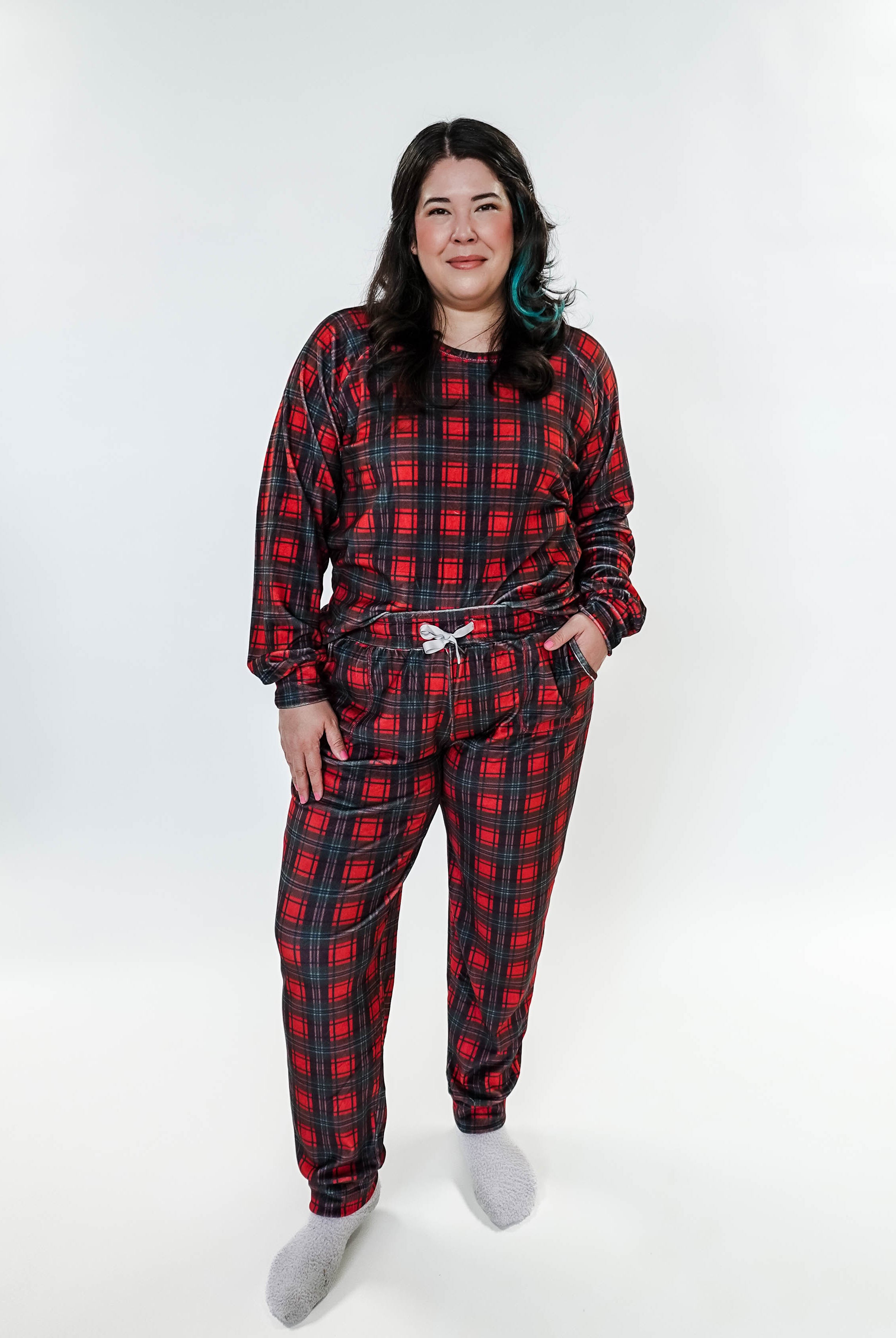women's velour pj set in red plaid holiday pajamas Miranda Nic