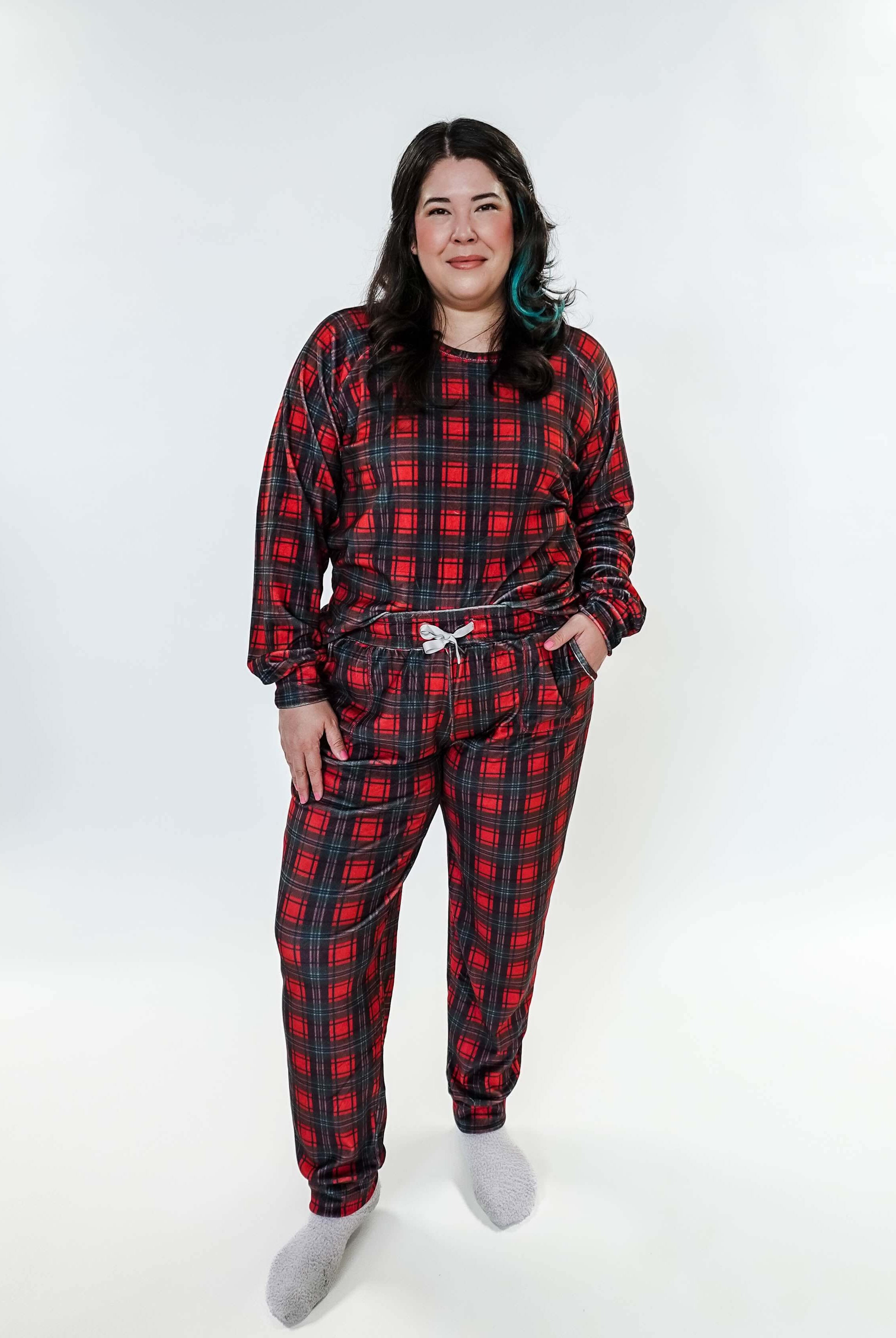 women's velour pj set in red plaid holiday pajamas Miranda Nic