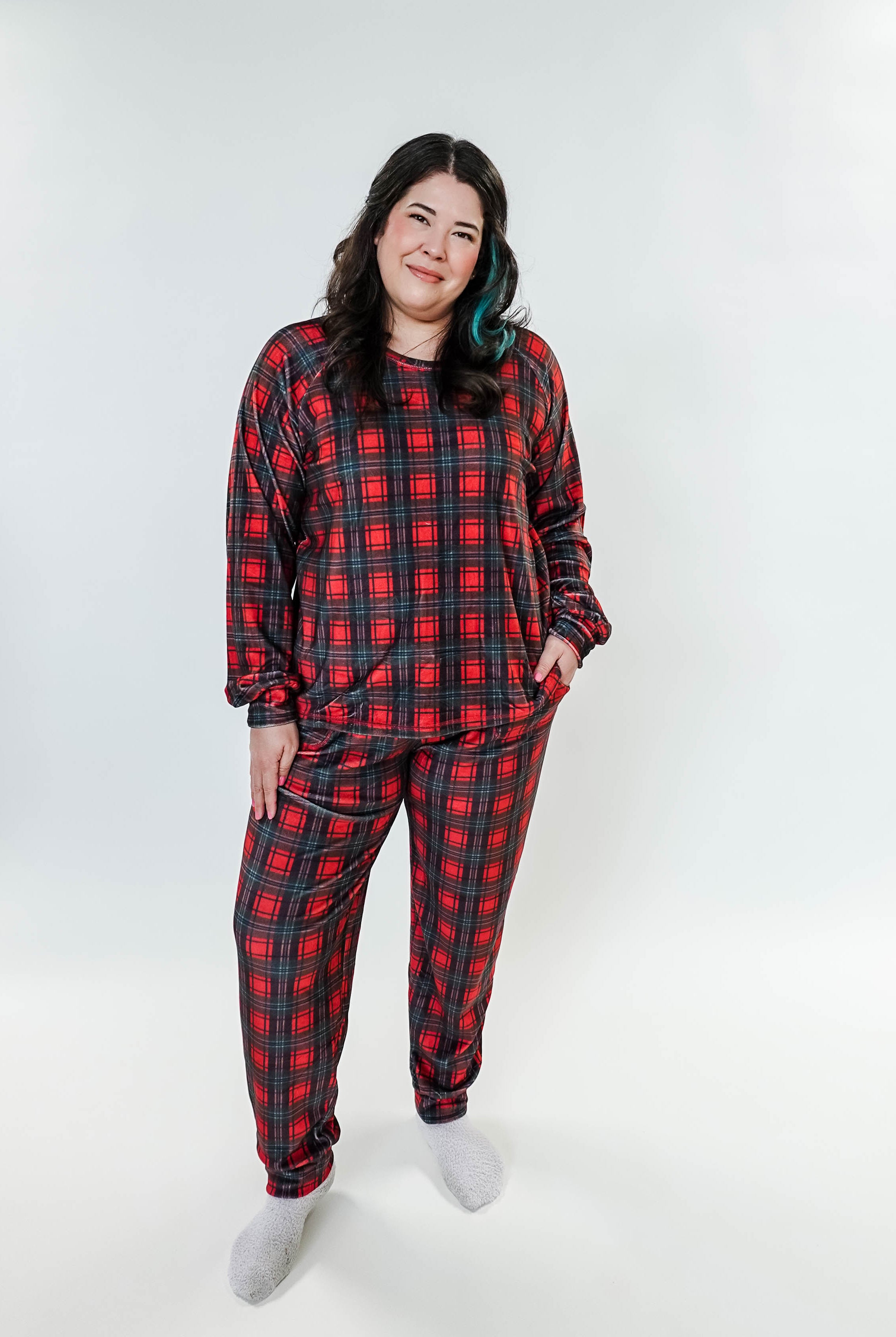 women's velour pj set in red plaid holiday pajamas Miranda Nic