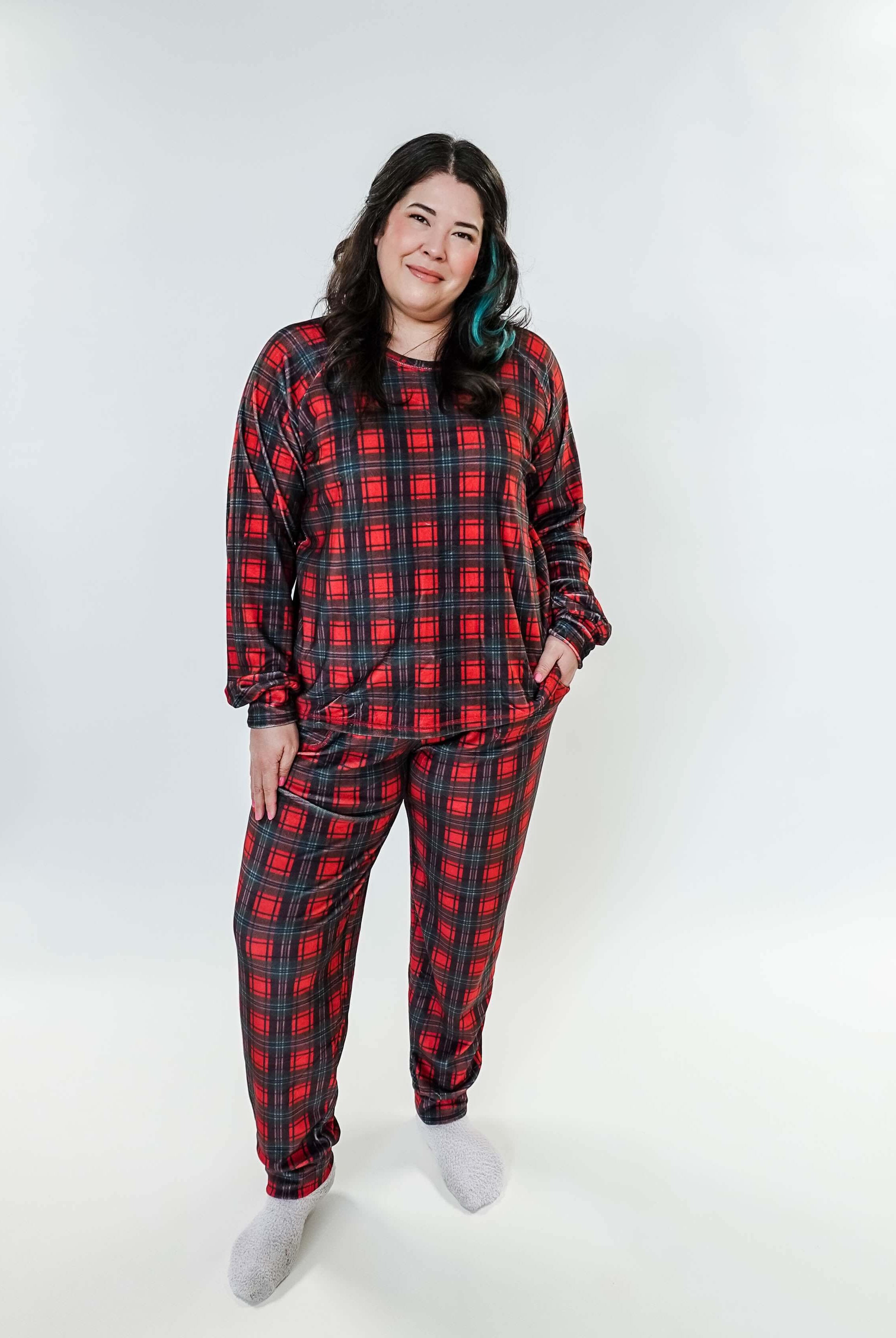 women's velour pj set in red plaid holiday pajamas Miranda Nic