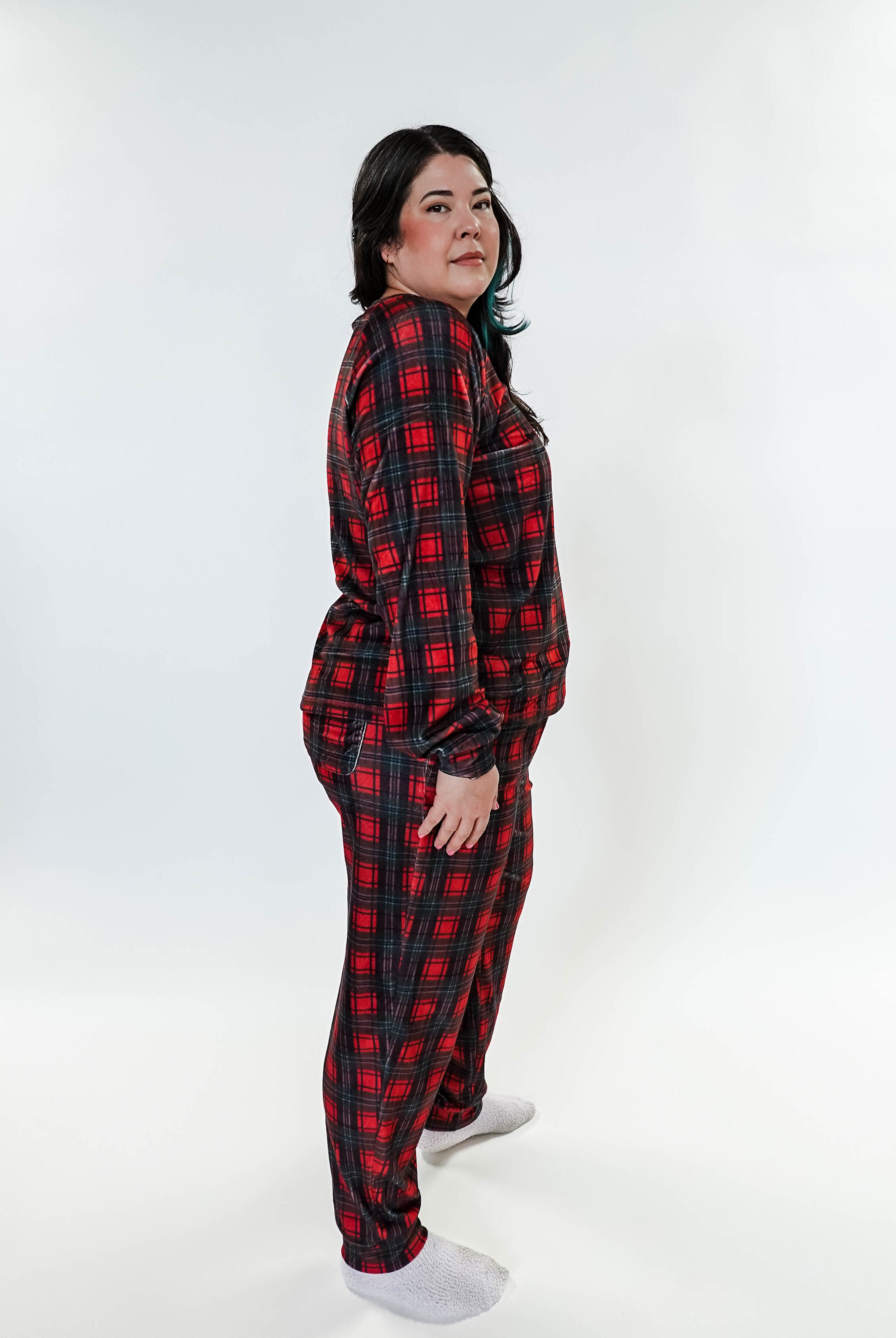 women's velour pj set in red plaid holiday pajamas Miranda Nic