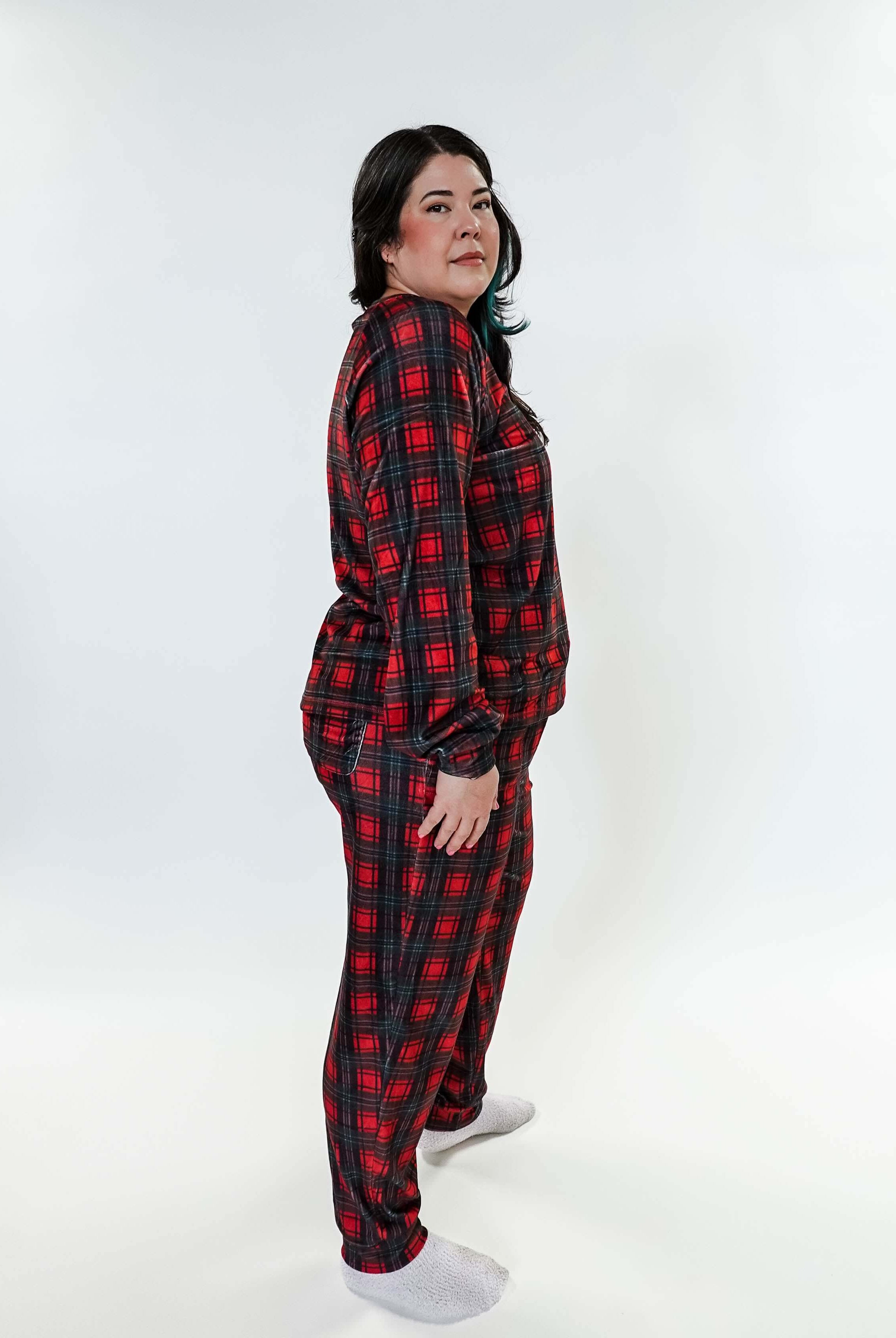 women's velour pj set in red plaid holiday pajamas Miranda Nic