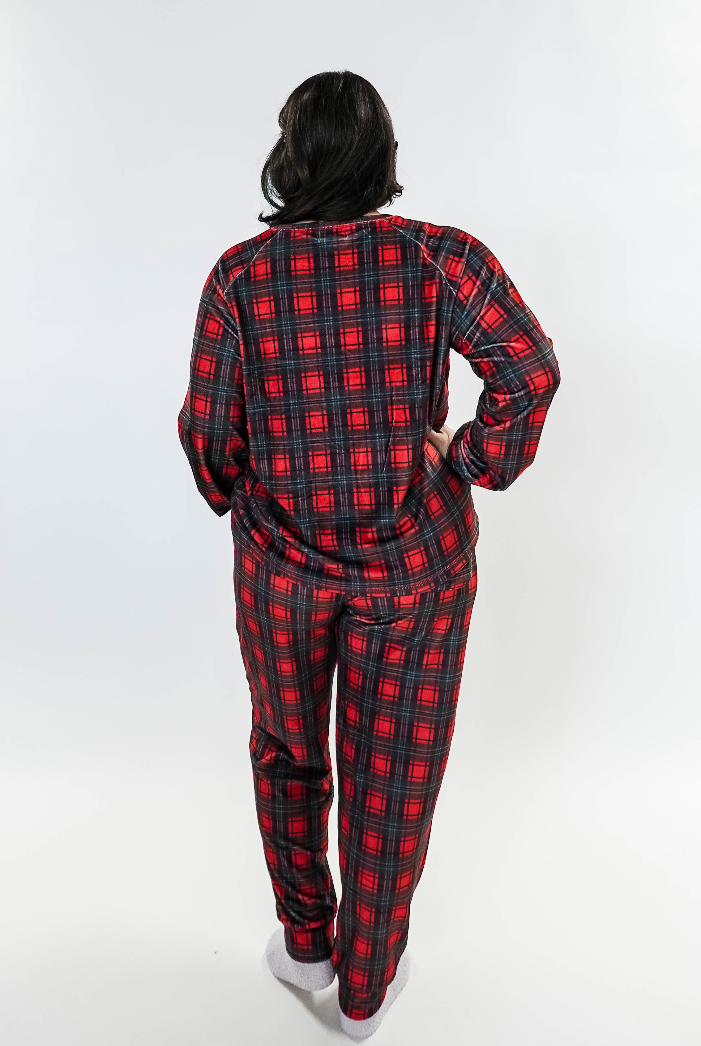 women's velour pj set in red plaid holiday pajamas Miranda Nic