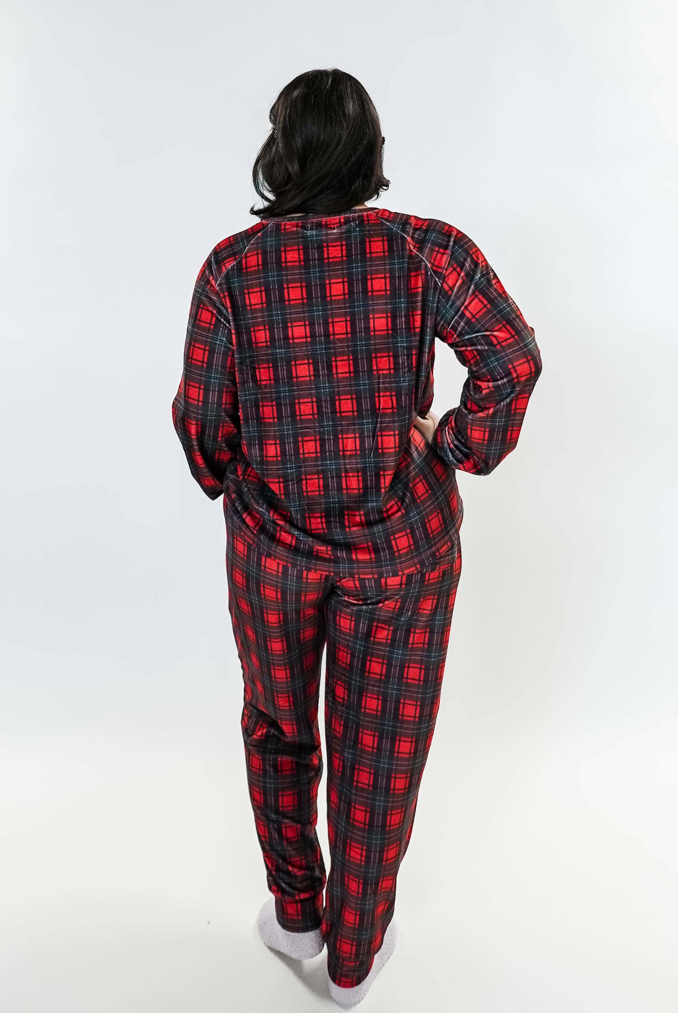 women's velour pj set in red plaid holiday pajamas Miranda Nic
