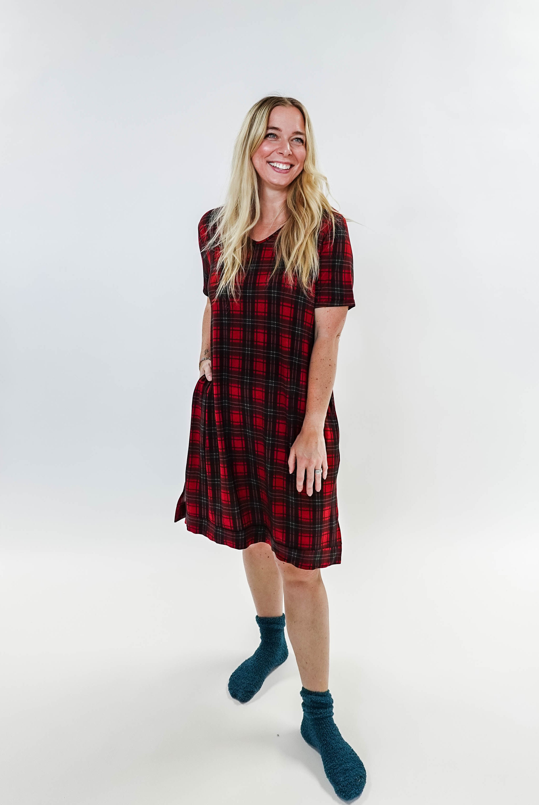women's Red Plaid V-Neck Bamboo Nightshirt dress for holidays Georgia Rylan Bamboo