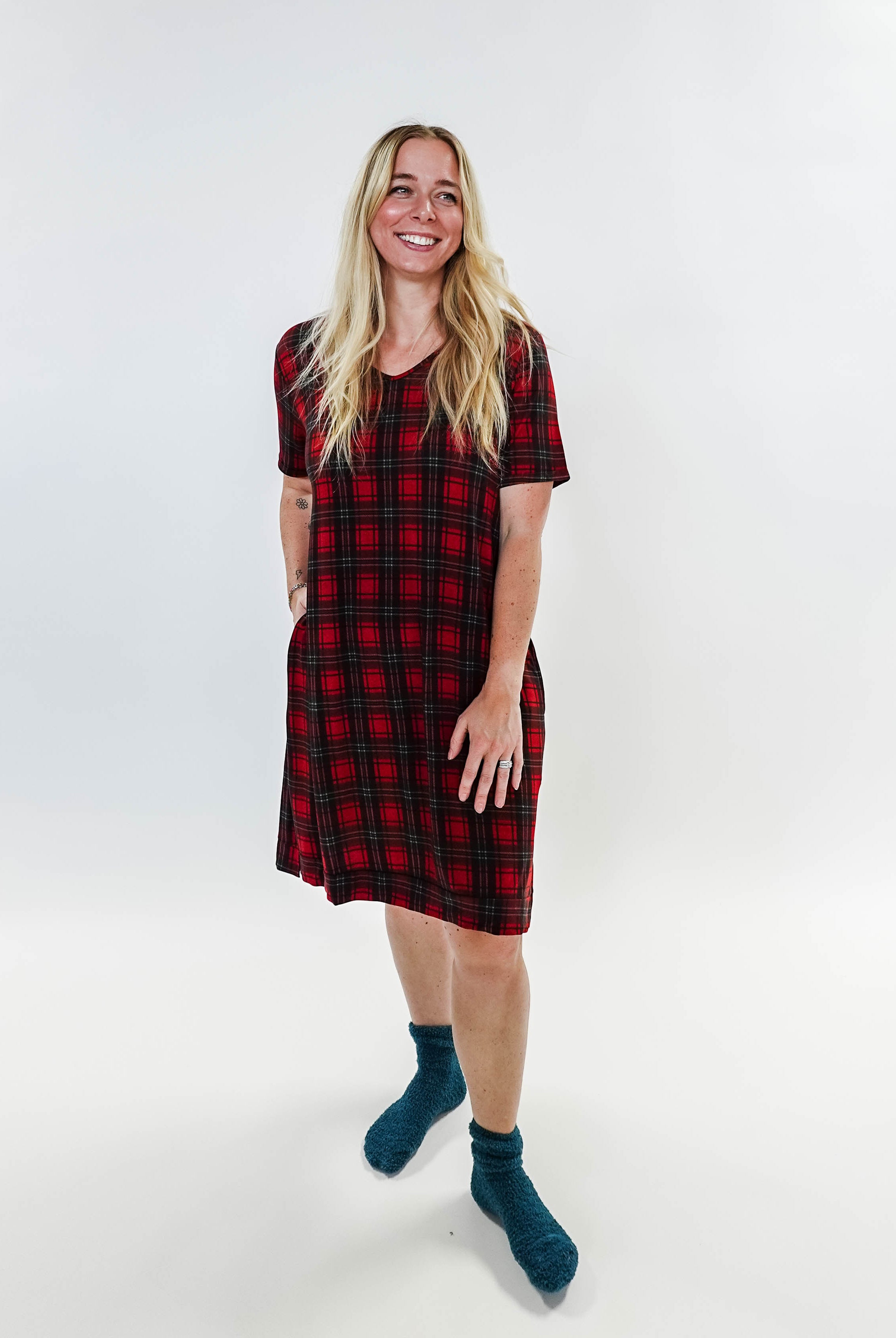 women's Red Plaid V-Neck Bamboo Nightshirt for holidays, can be worn as casual dress, Georgia Rylan Bamboo