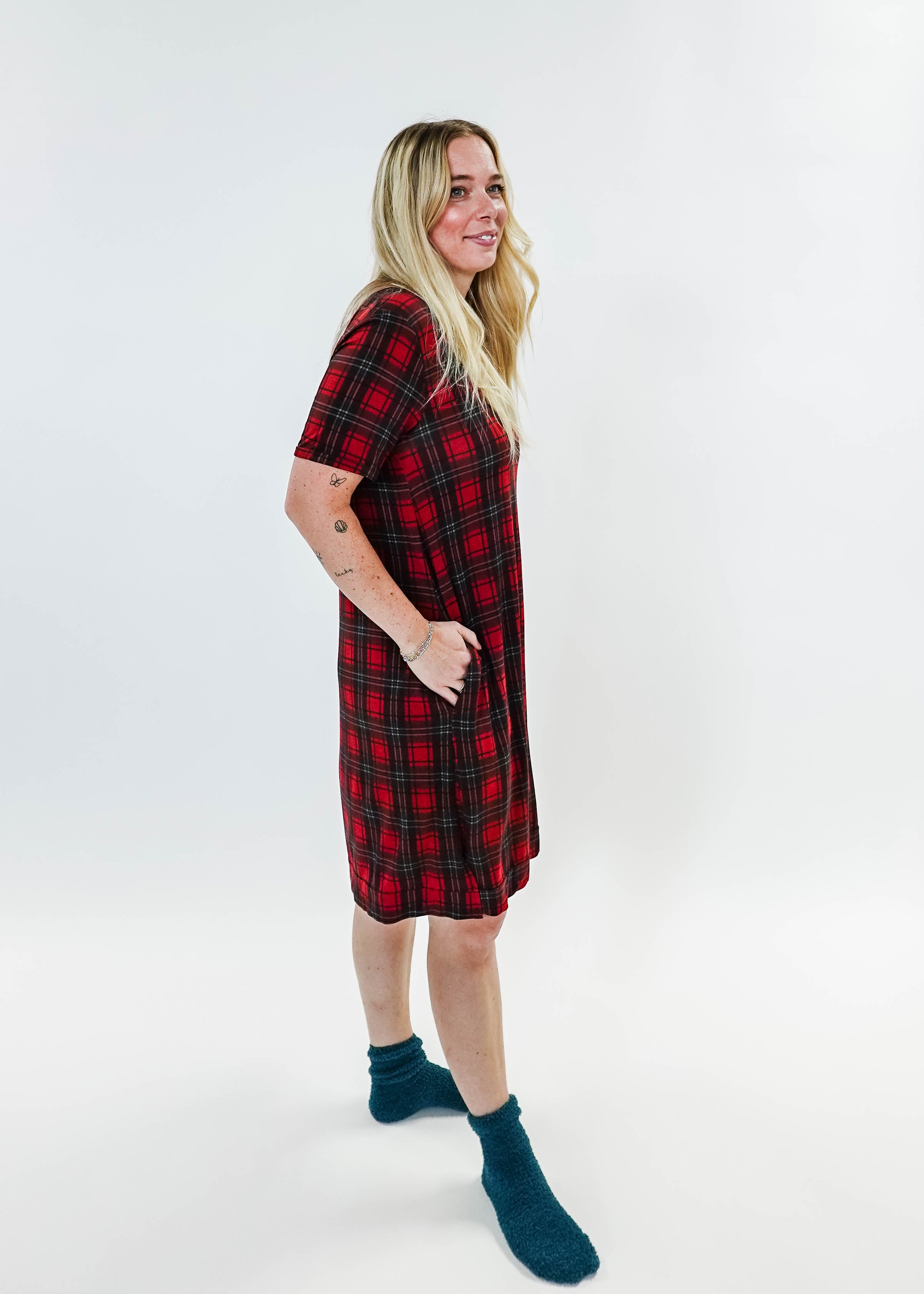 women's red plaid nightshirt/tee shirt dress for holidays Georgia Rylan Bamboo