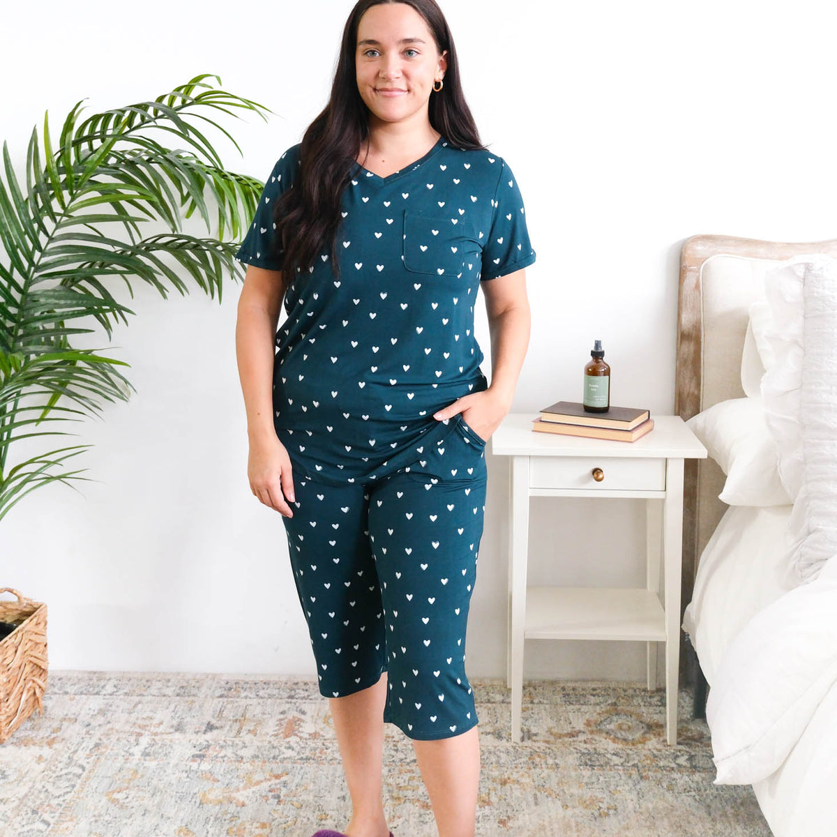Georgia Rylan Sweetheart Slumber Bamboo Capri Set model full length — Cloud Nine Pajamas