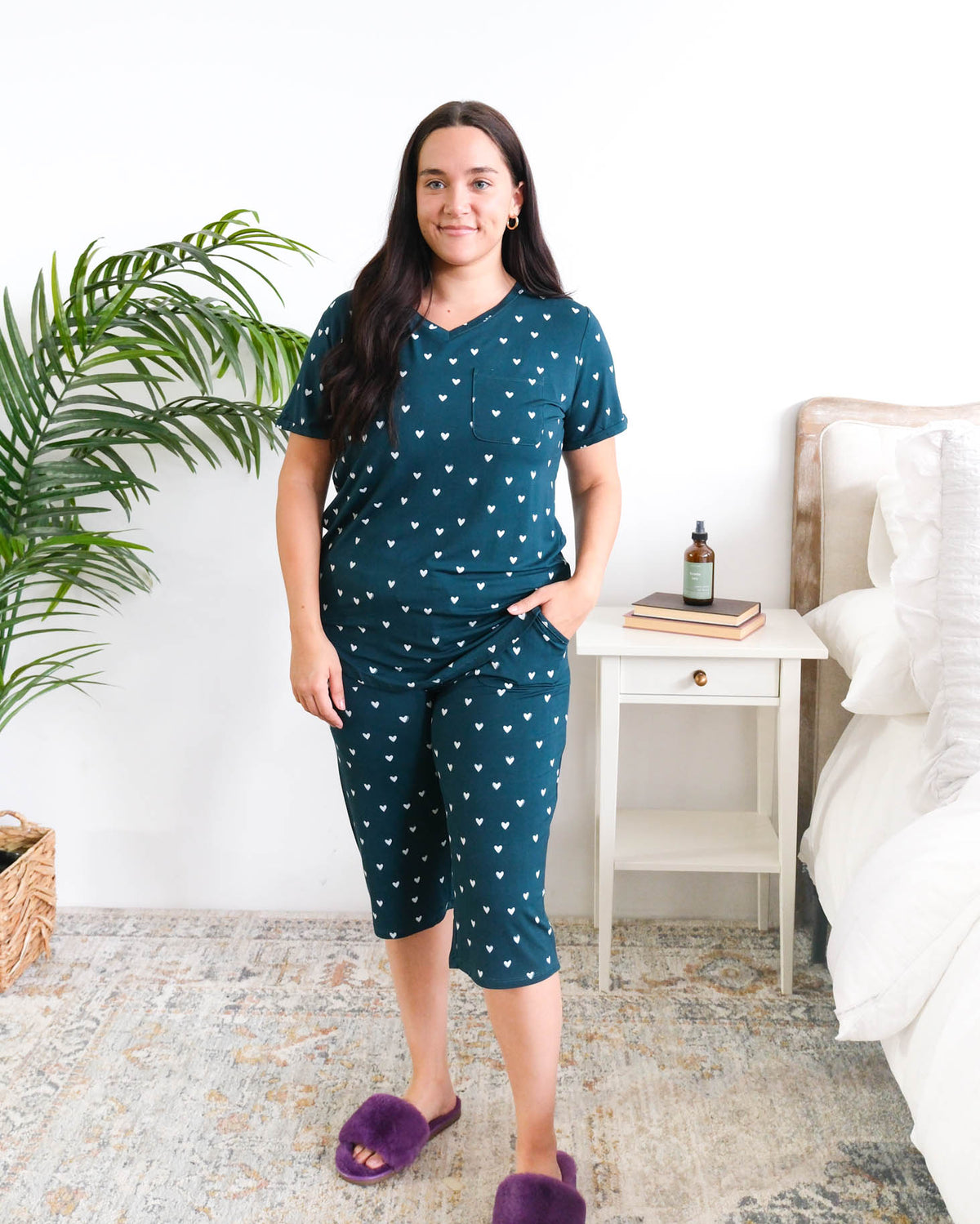 Georgia Rylan Sweetheart Slumber Bamboo Capri Set model full length — Cloud Nine Pajamas