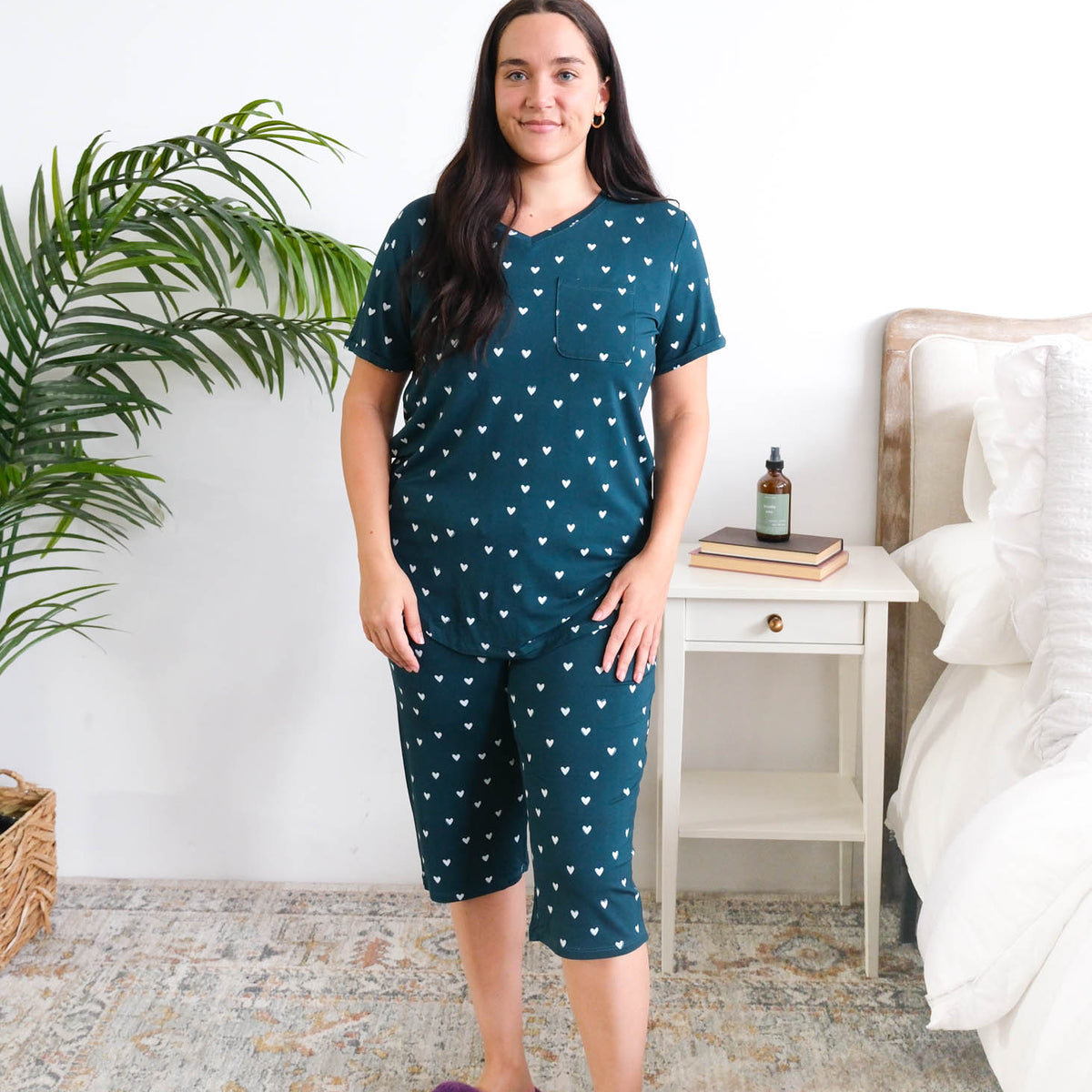 Georgia Rylan Sweetheart Slumber Rolled Sleeve Tee Capri PJ Set front view on model — Cloud Nine Pajamas Edmonton