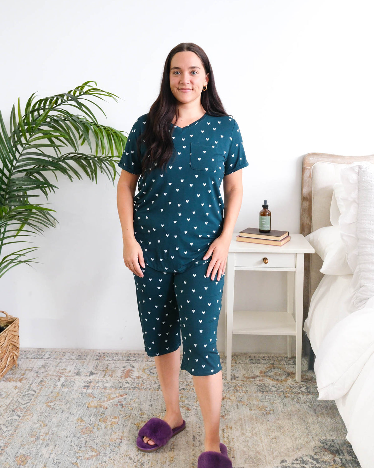 Georgia Rylan Sweetheart Slumber Rolled Sleeve Tee Capri PJ Set front view on model — Cloud Nine Pajamas Edmonton