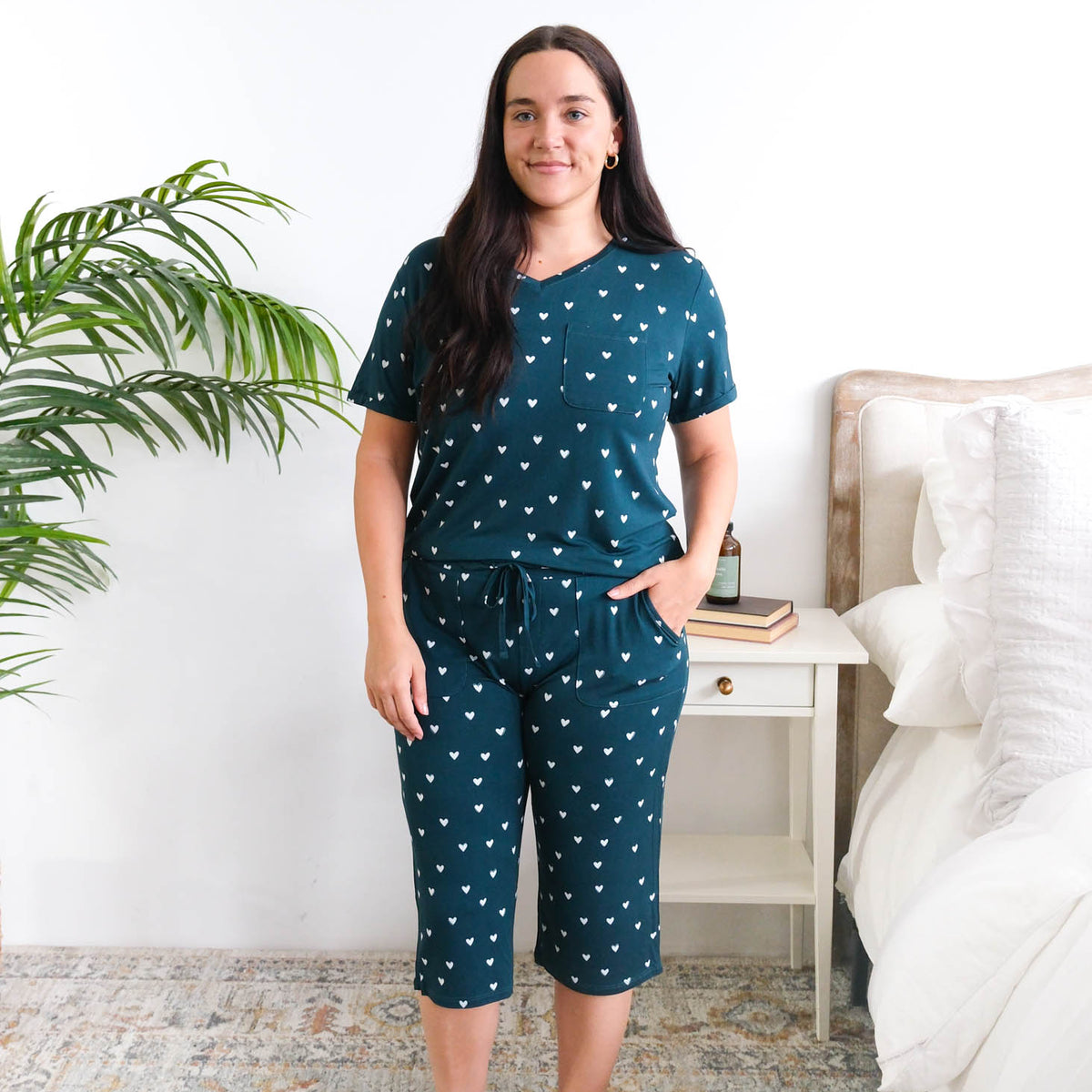 Georgia Rylan Sweetheart Slumber Bamboo Capri Set model full length — Cloud Nine Pajamas