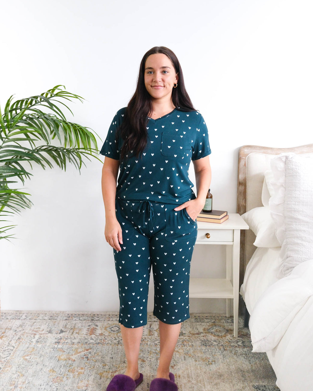 Georgia Rylan Sweetheart Slumber Bamboo Capri Set model full length — Cloud Nine Pajamas