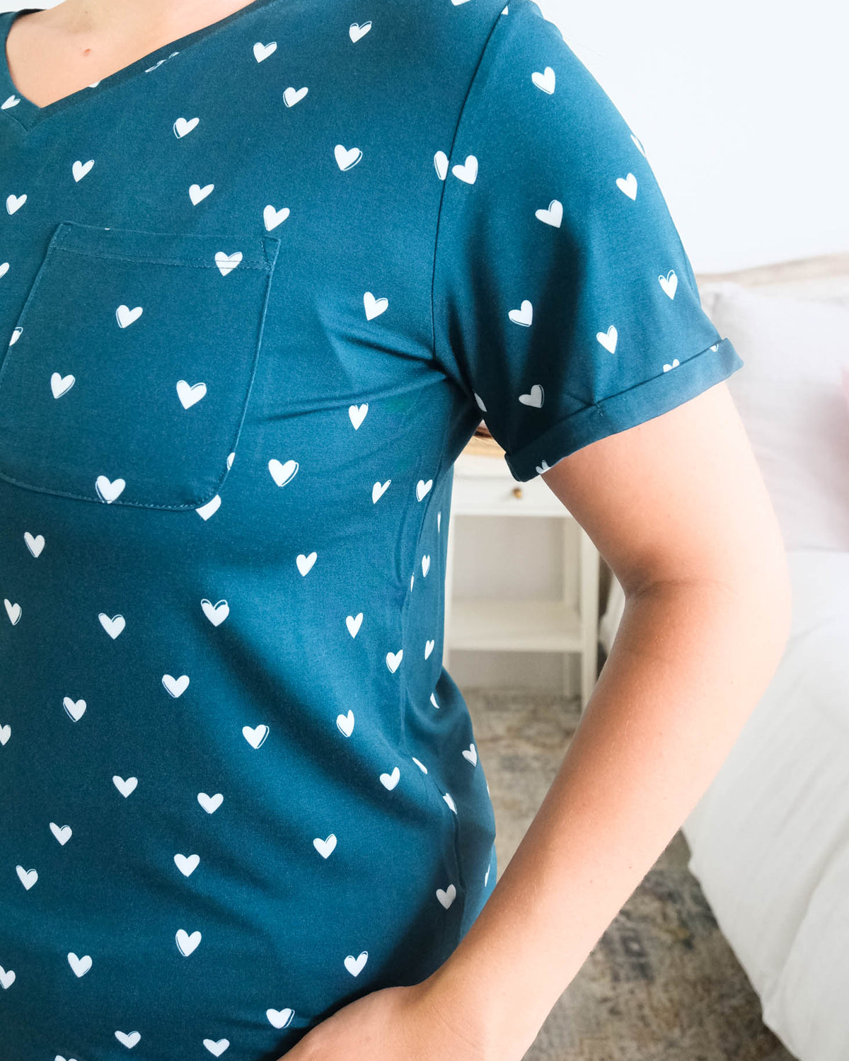 Georgia Rylan Sweetheart Slumber Tee rolled sleeve cuff detail — Cloud Nine Pajamas