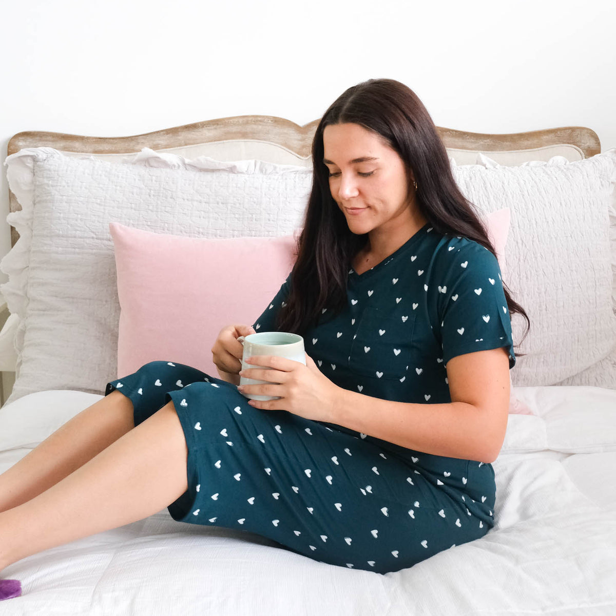 Georgia Rylan Sweetheart Slumber Tee Capri Set lifestyle model — Cloud Nine Pajamas Edmonton