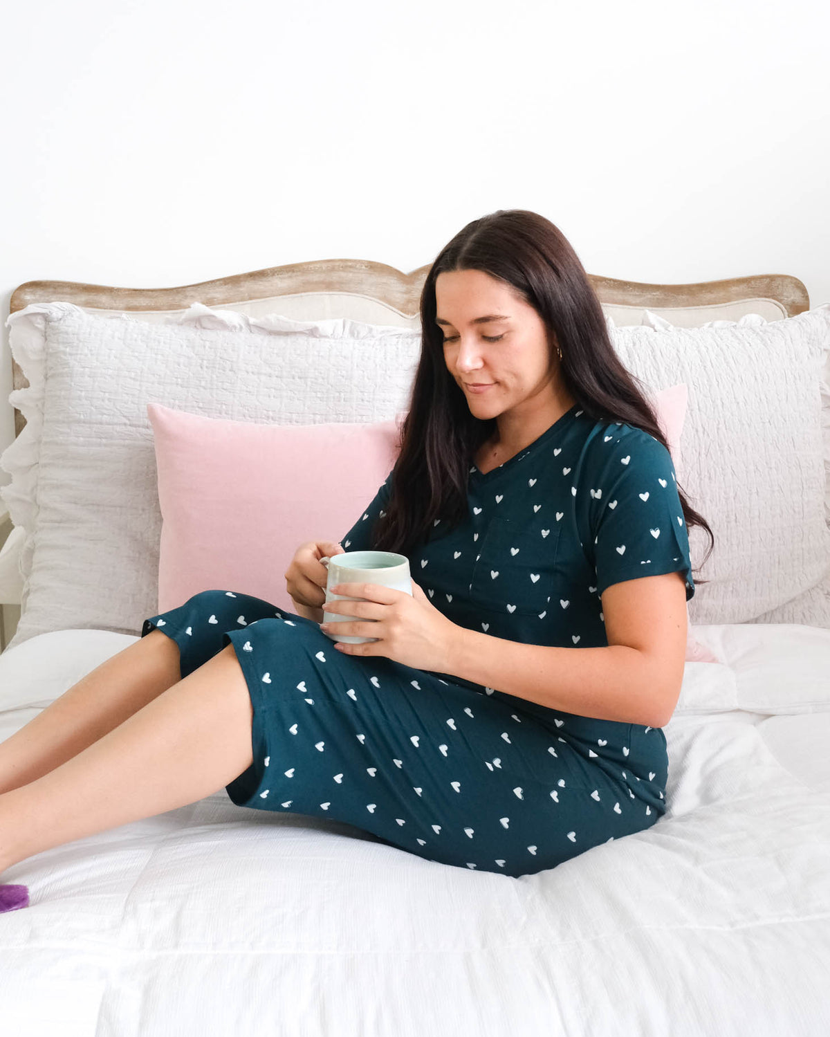 Georgia Rylan Sweetheart Slumber Tee Capri Set lifestyle model — Cloud Nine Pajamas Edmonton