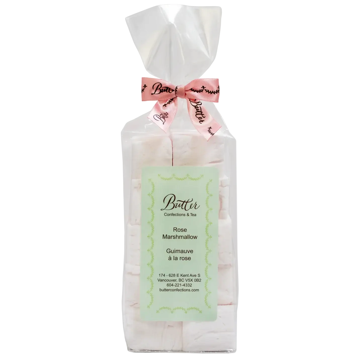 Handcrafted Gourmet Marshmallows in a clear bag with a pink ribbon, perfect for gourmet indulgence.