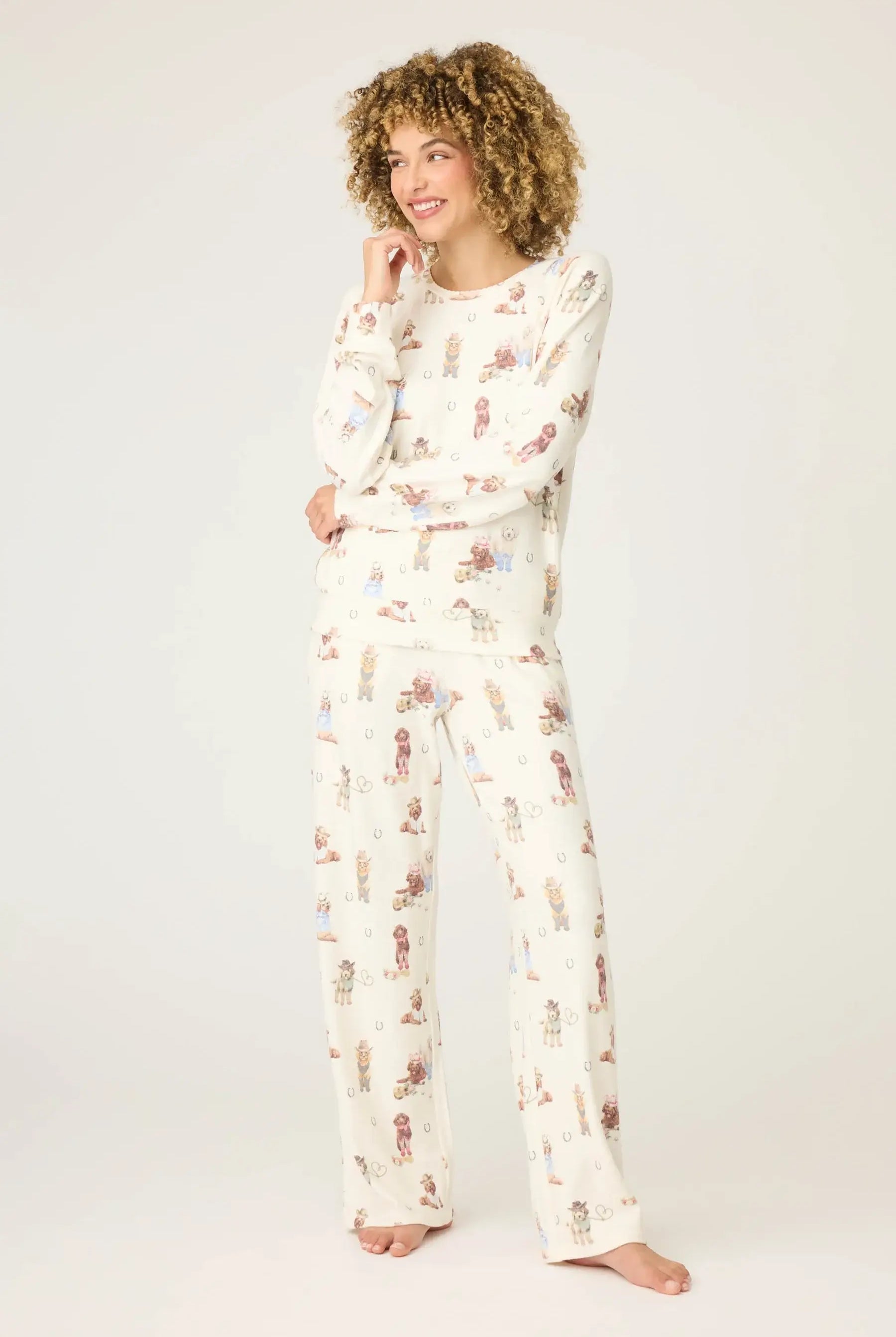 Women's ivory western cowboy dog print thermal peachy pj set pj salvage