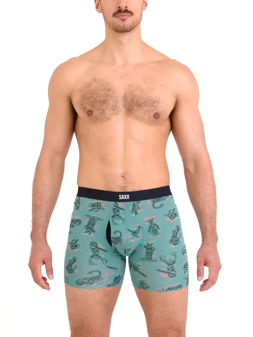 Model wearing Vibe Xtra Soft Comfort Boxer Brief in playful design by SAXX.