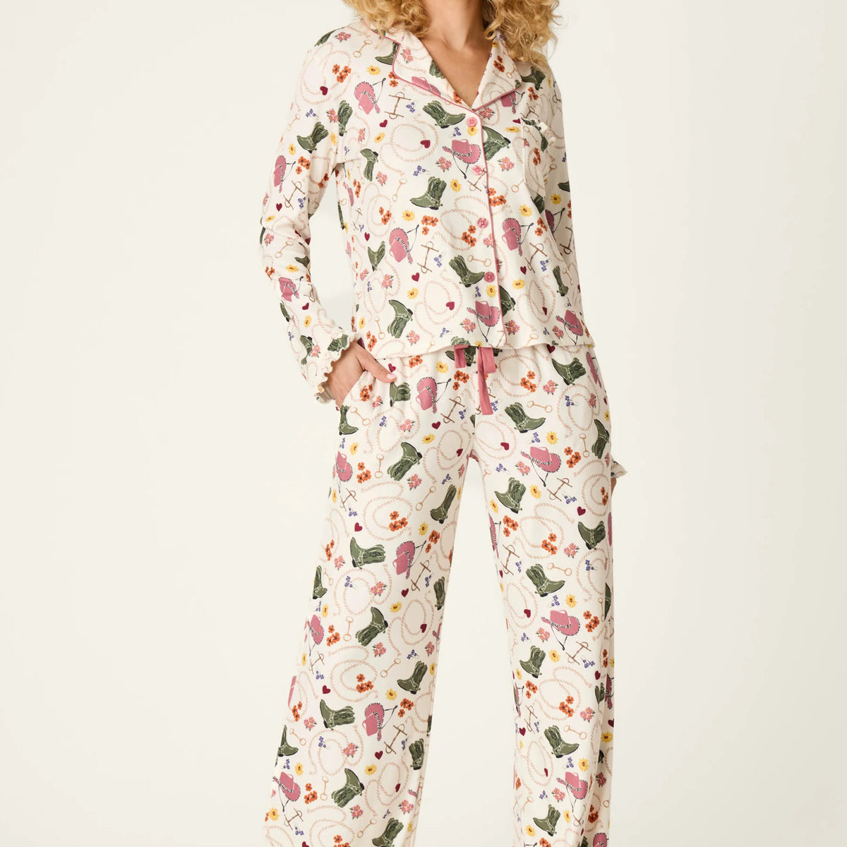PJ Salvage Saddle Up Western Print Pointelle PJ Set ivory front view on model — Cloud Nine Pajamas Edmonton