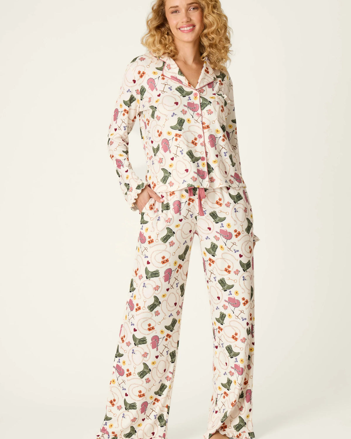 PJ Salvage Saddle Up Western Print Pointelle PJ Set ivory front view on model — Cloud Nine Pajamas Edmonton