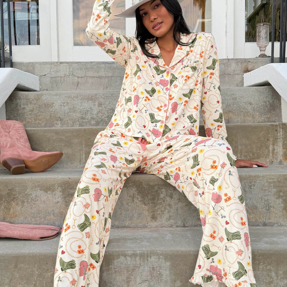 PJ Salvage Saddle Up Pointelle PJ Set lifestyle model — Cloud Nine Pajamas Edmonton