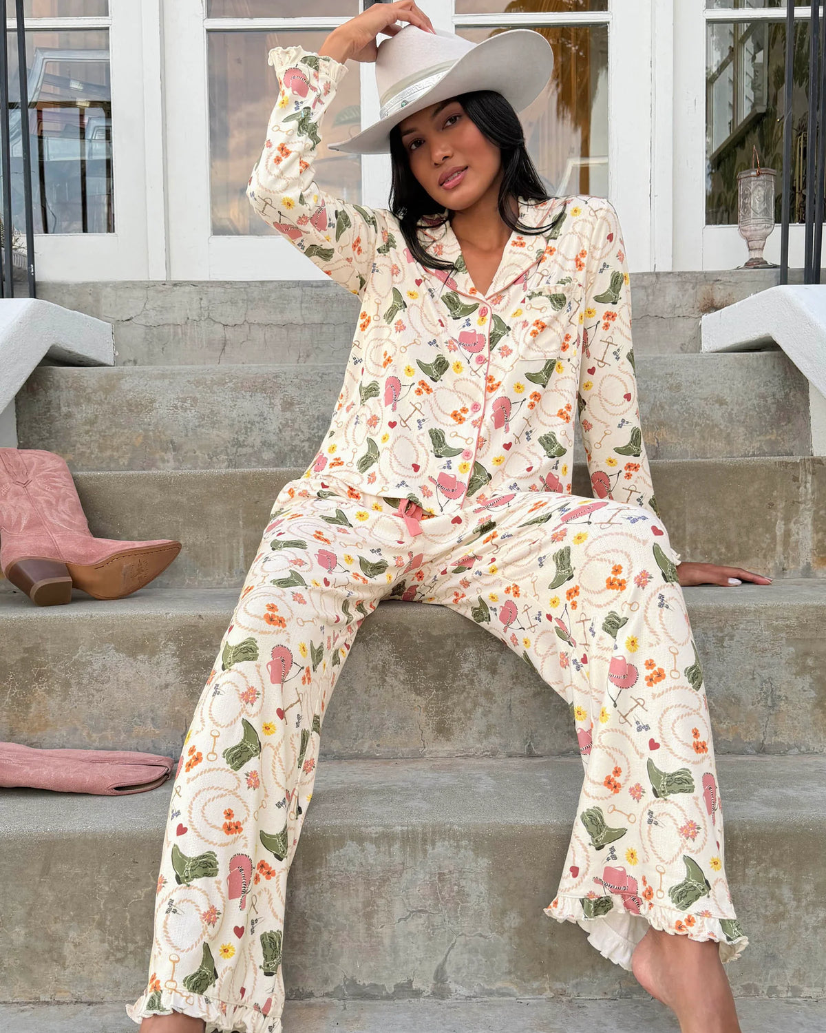 PJ Salvage Saddle Up Pointelle PJ Set lifestyle model — Cloud Nine Pajamas Edmonton