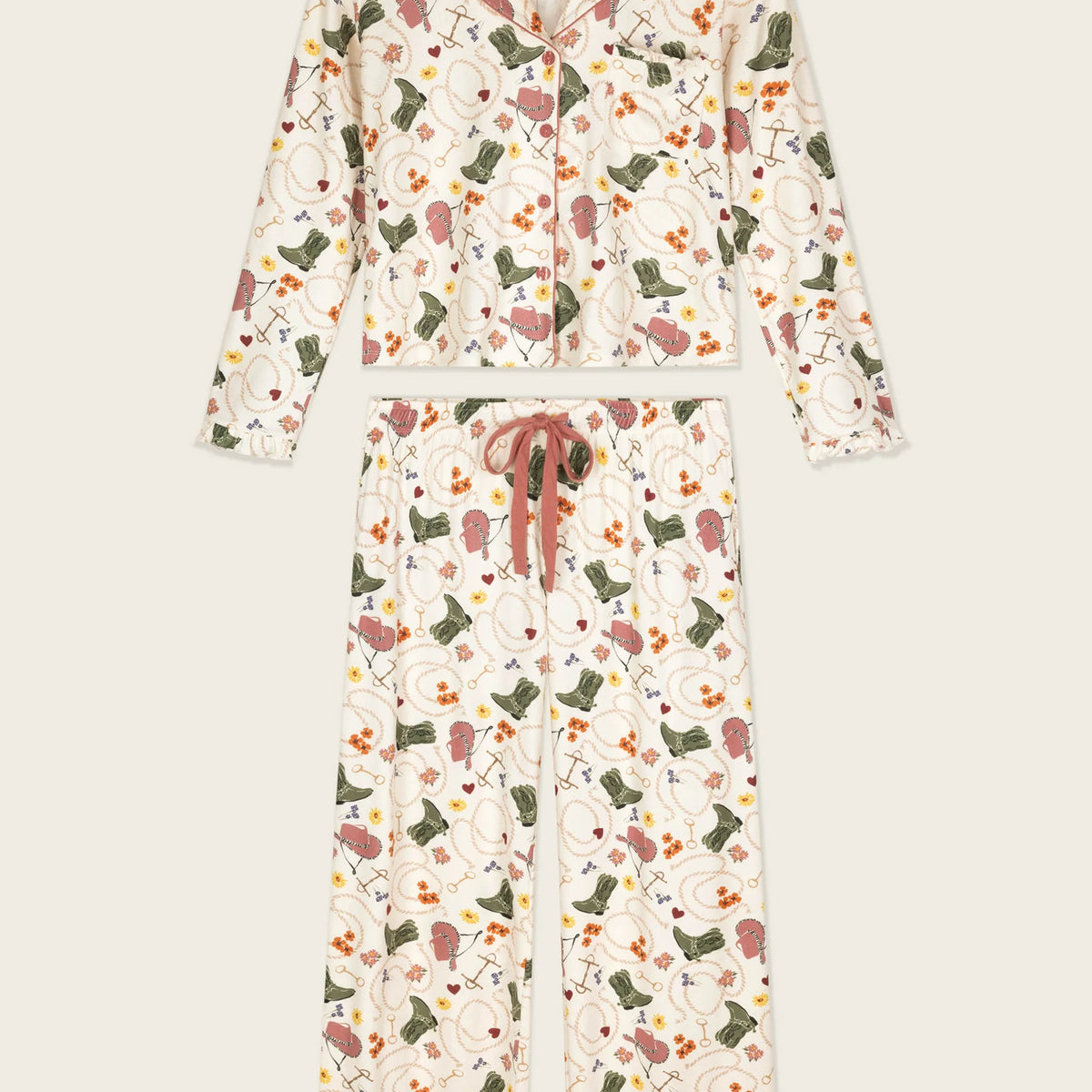 PJ Salvage Saddle Up Western PJ Set full set layout top and pants — Cloud Nine Pajamas Edmonton