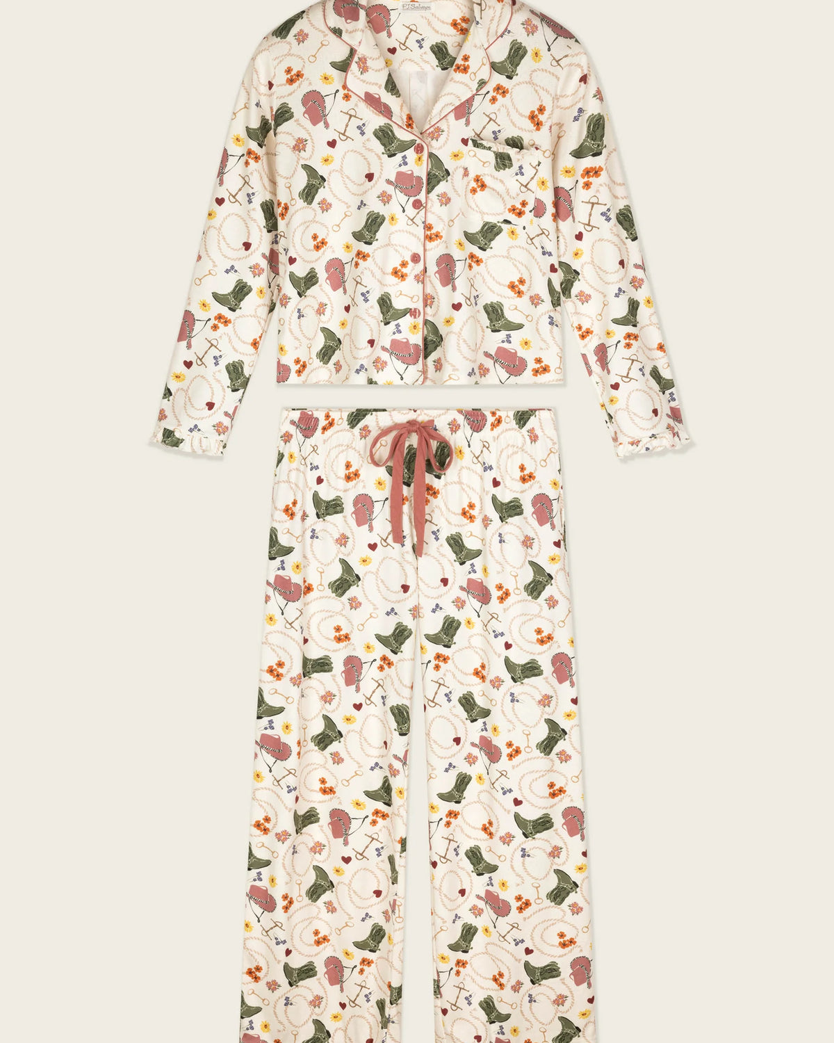 PJ Salvage Saddle Up Western PJ Set full set layout top and pants — Cloud Nine Pajamas Edmonton
