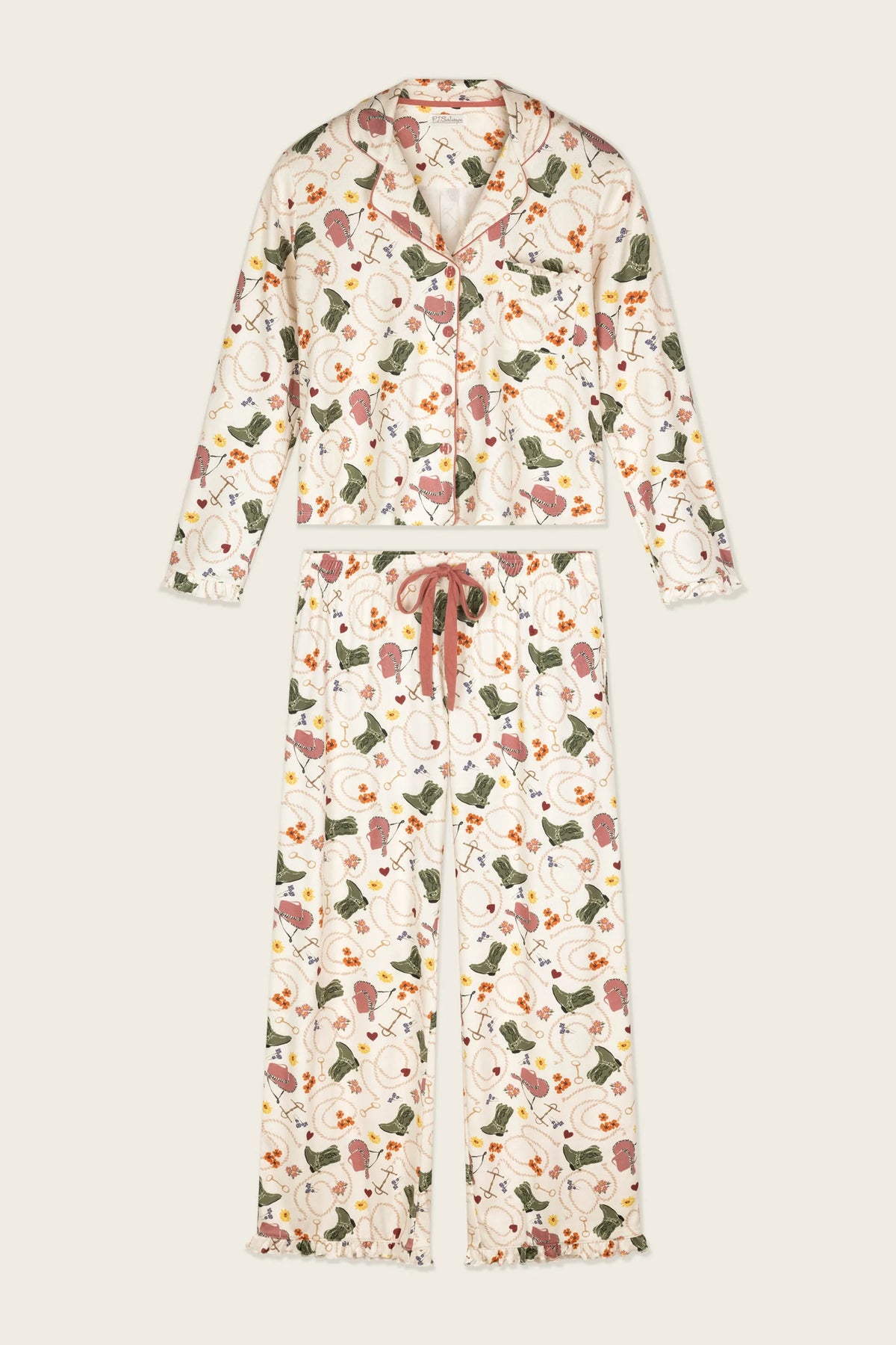 PJ Salvage Saddle Up Western PJ Set full set layout top and pants — Cloud Nine Pajamas Edmonton