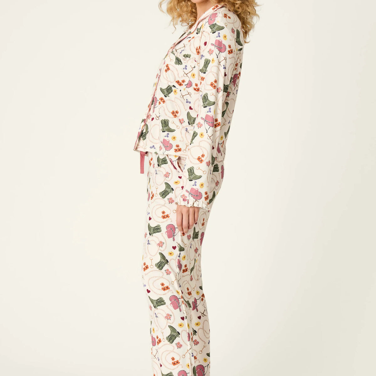 PJ Salvage Saddle Up Pointelle PJ Set model full length side view — Cloud Nine Pajamas Edmonton