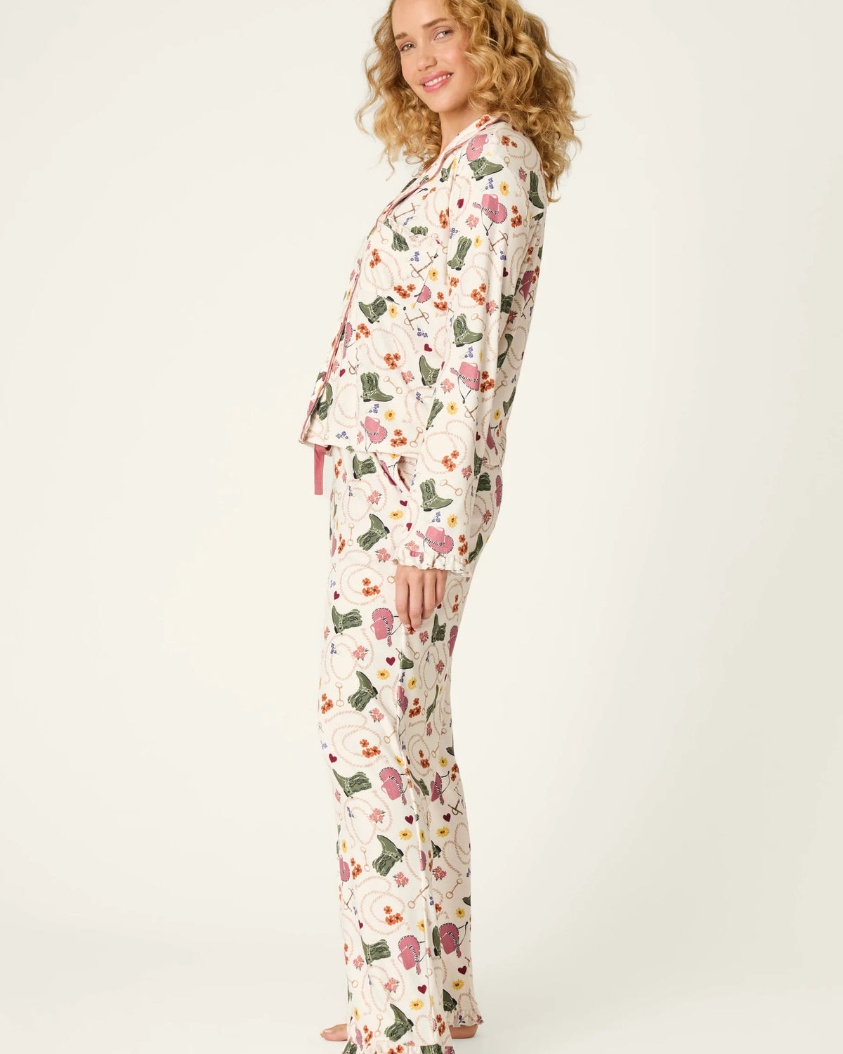PJ Salvage Saddle Up Pointelle PJ Set model full length side view — Cloud Nine Pajamas Edmonton