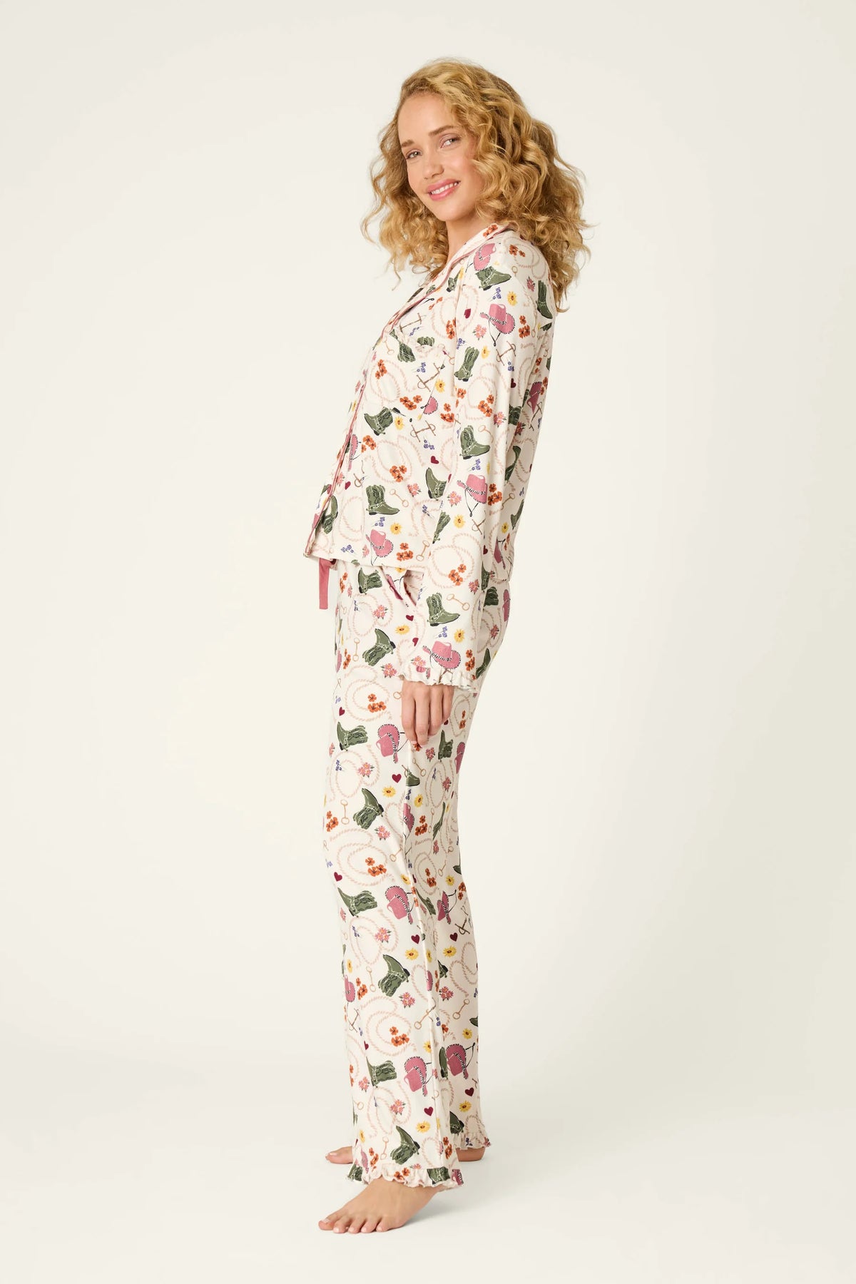 PJ Salvage Saddle Up Pointelle PJ Set model full length side view — Cloud Nine Pajamas Edmonton