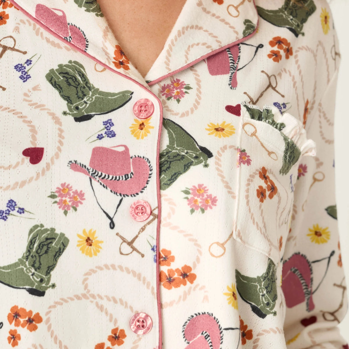 PJ Salvage Saddle Up Pointelle PJ Set ivory pink trim detail close-up — Cloud Nine Pajamas