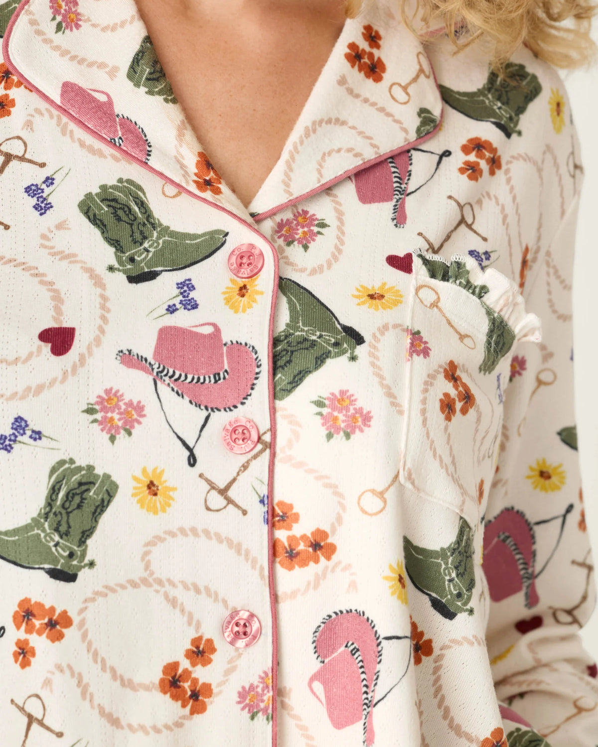 PJ Salvage Saddle Up Pointelle PJ Set ivory pink trim detail close-up — Cloud Nine Pajamas