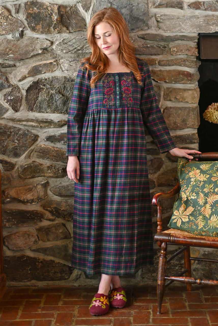 Saratoga Long Flannel Cotton Nightgown Blue Plaid by April Cornell, featuring floral embroidery and a cozy design.