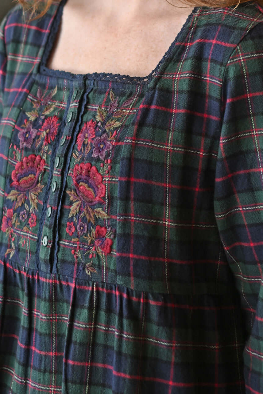 Saratoga Long Flannel Cotton Nightgown in blue plaid with floral embroidery from April Cornell.