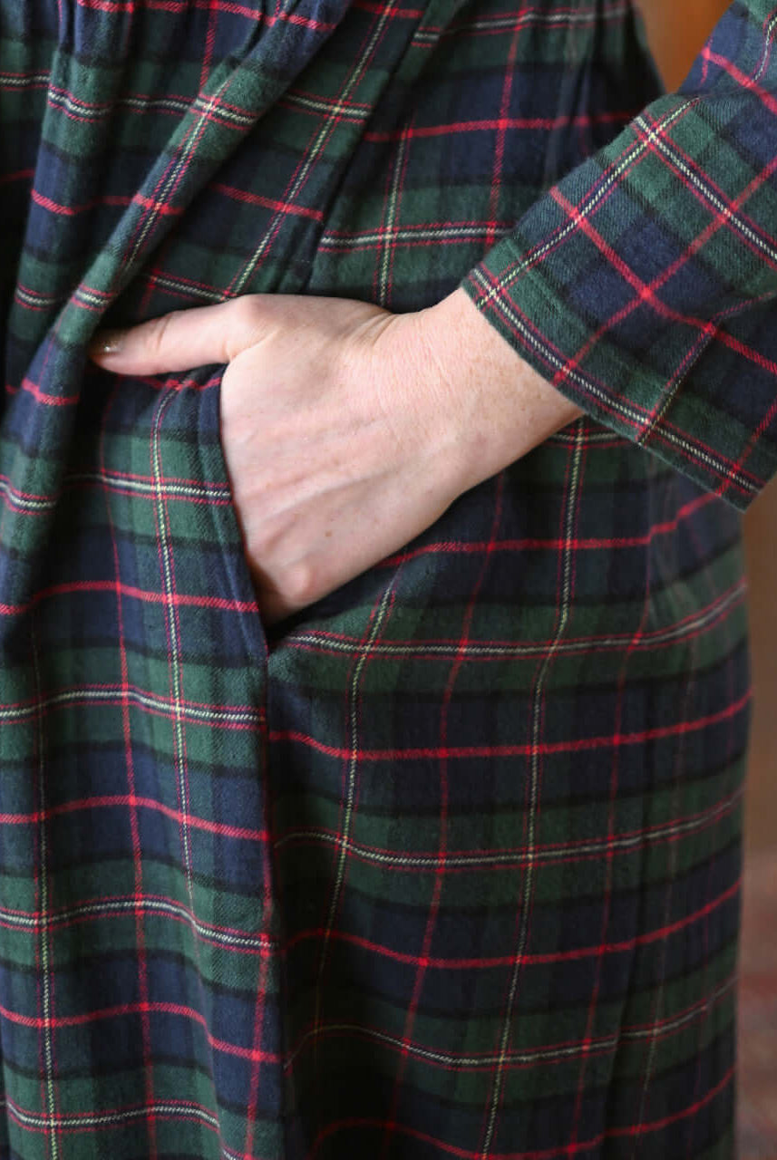 Saratoga Long Flannel Cotton Nightgown in blue plaid, featuring a hand in the pocket for added comfort and style.