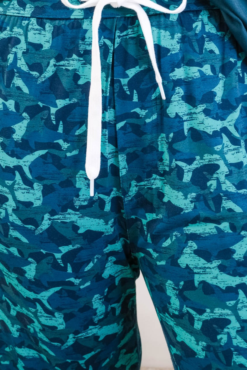 Close up of Shark Camo Blue Printed Jogger Sleep Pant in Bamboo for Men by Bob's Sleepwear Co - Cloud Nine Pajamas